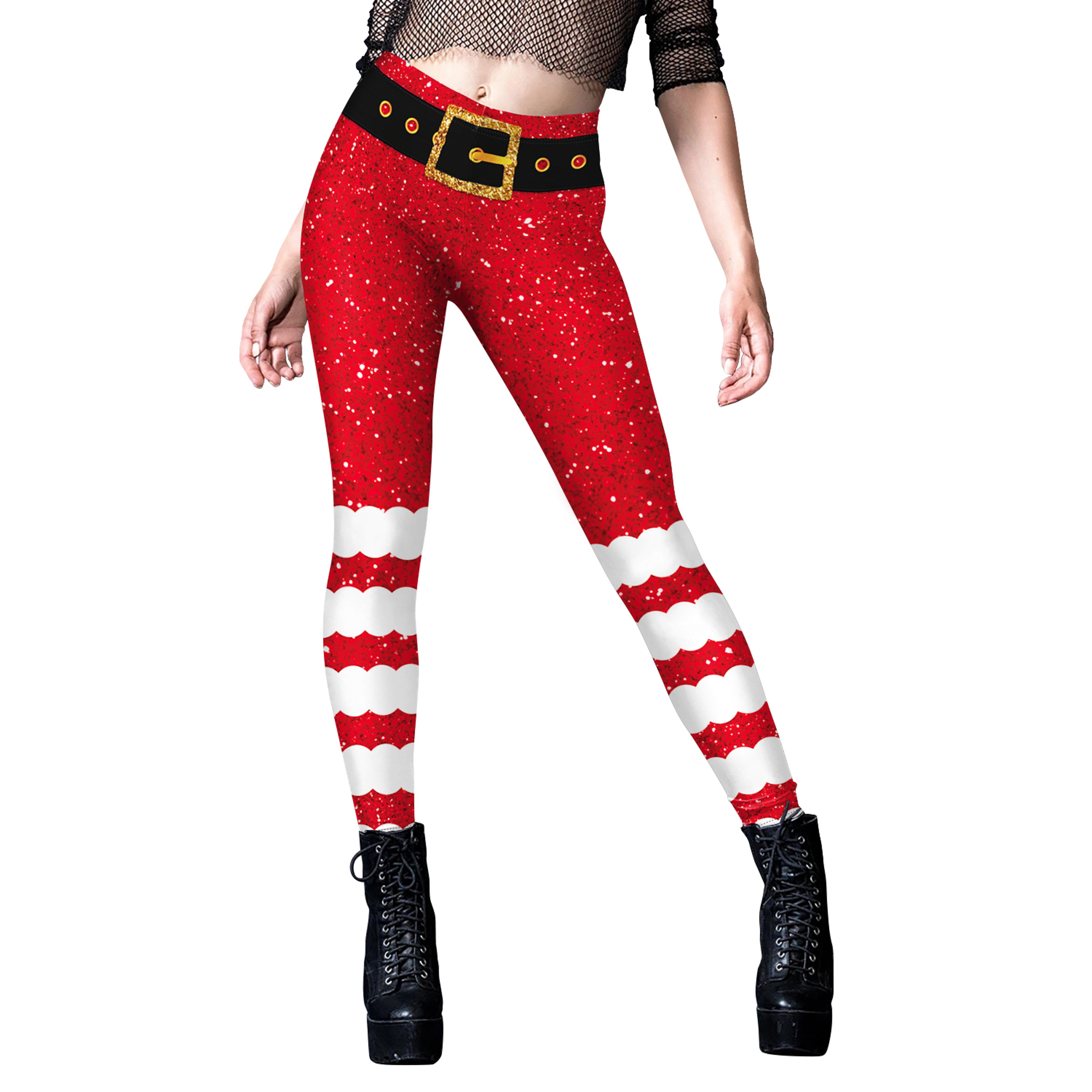 Womens Christmas Elf Leggings With Striped Snowflake Print 4