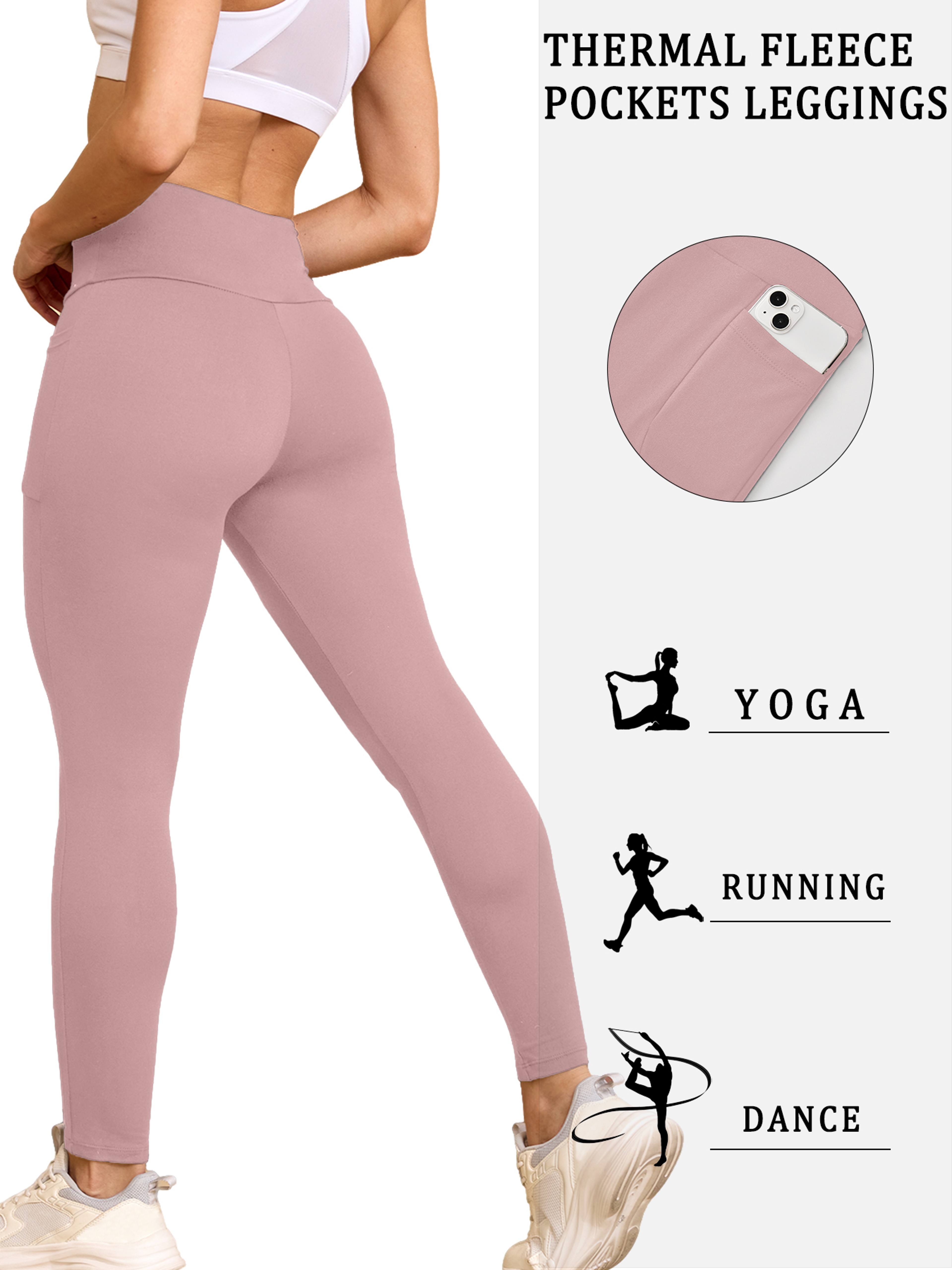 Womens High Waisted Fleece Lined Thermal Leggings With Pockets 2
