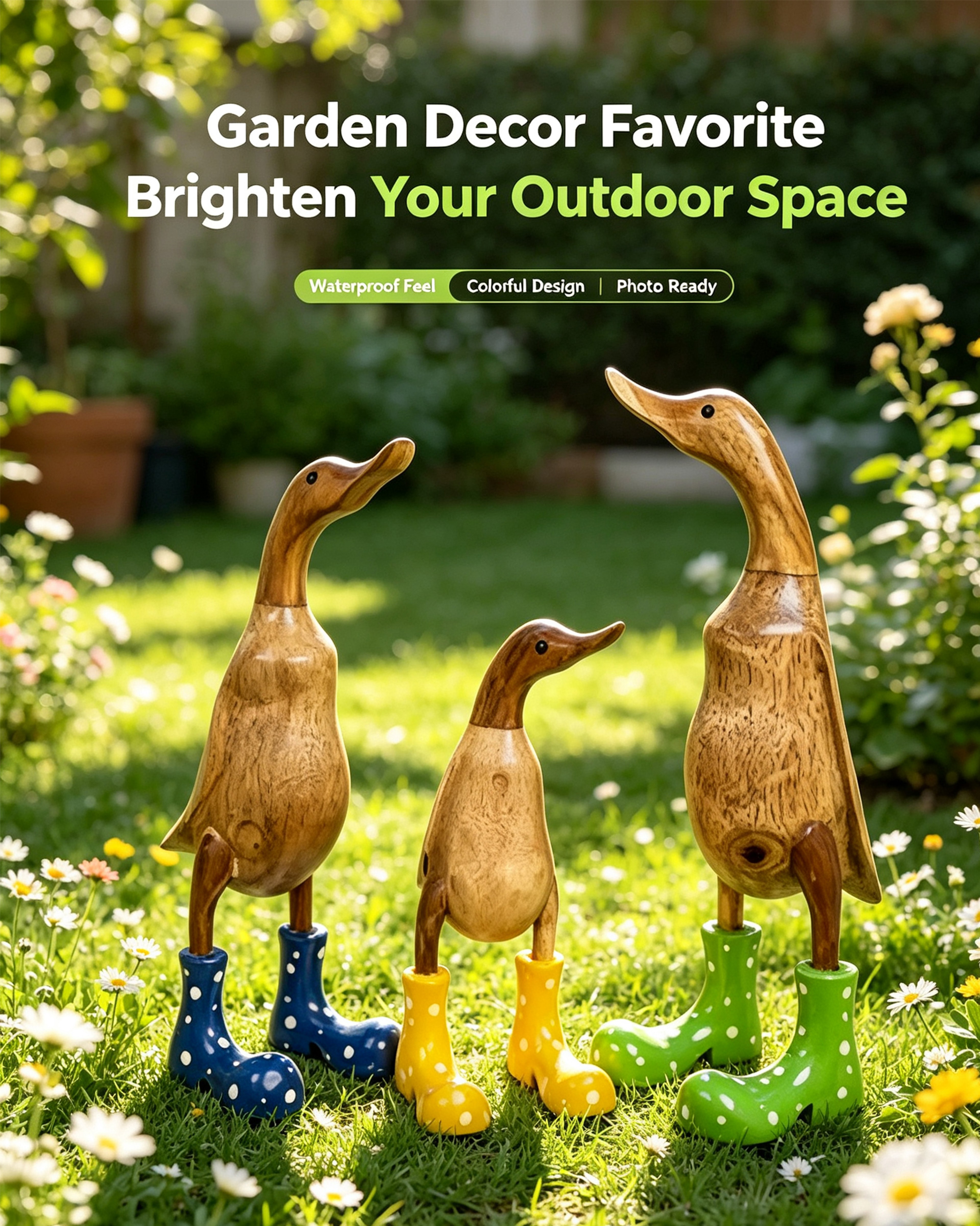 WoodGrain Duck Garden Figurine With Dotted Pattern And Stable Base 2