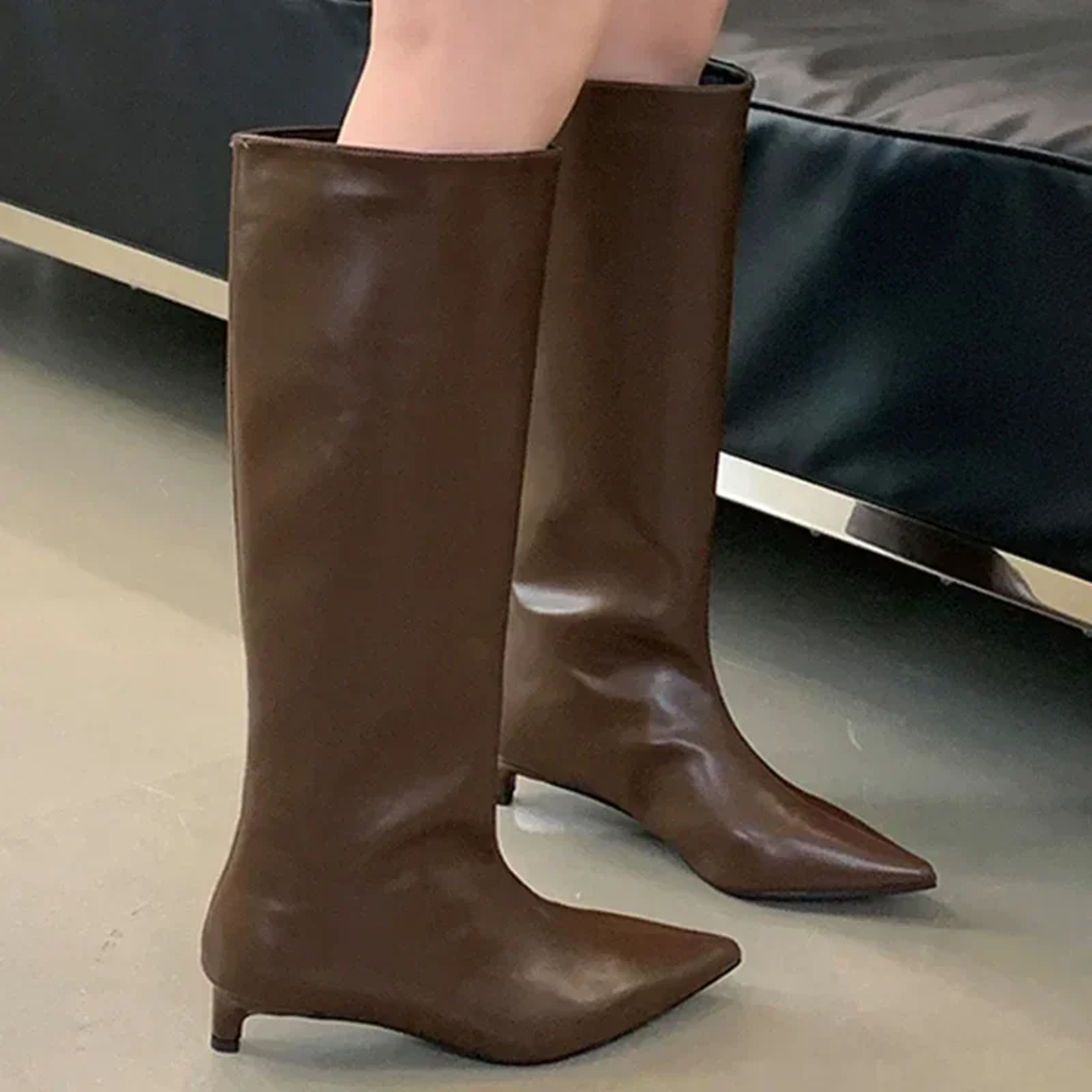 Womens Pointed Toe KneeHigh Boots With Low Thin Heels And SlipOn Design 0
