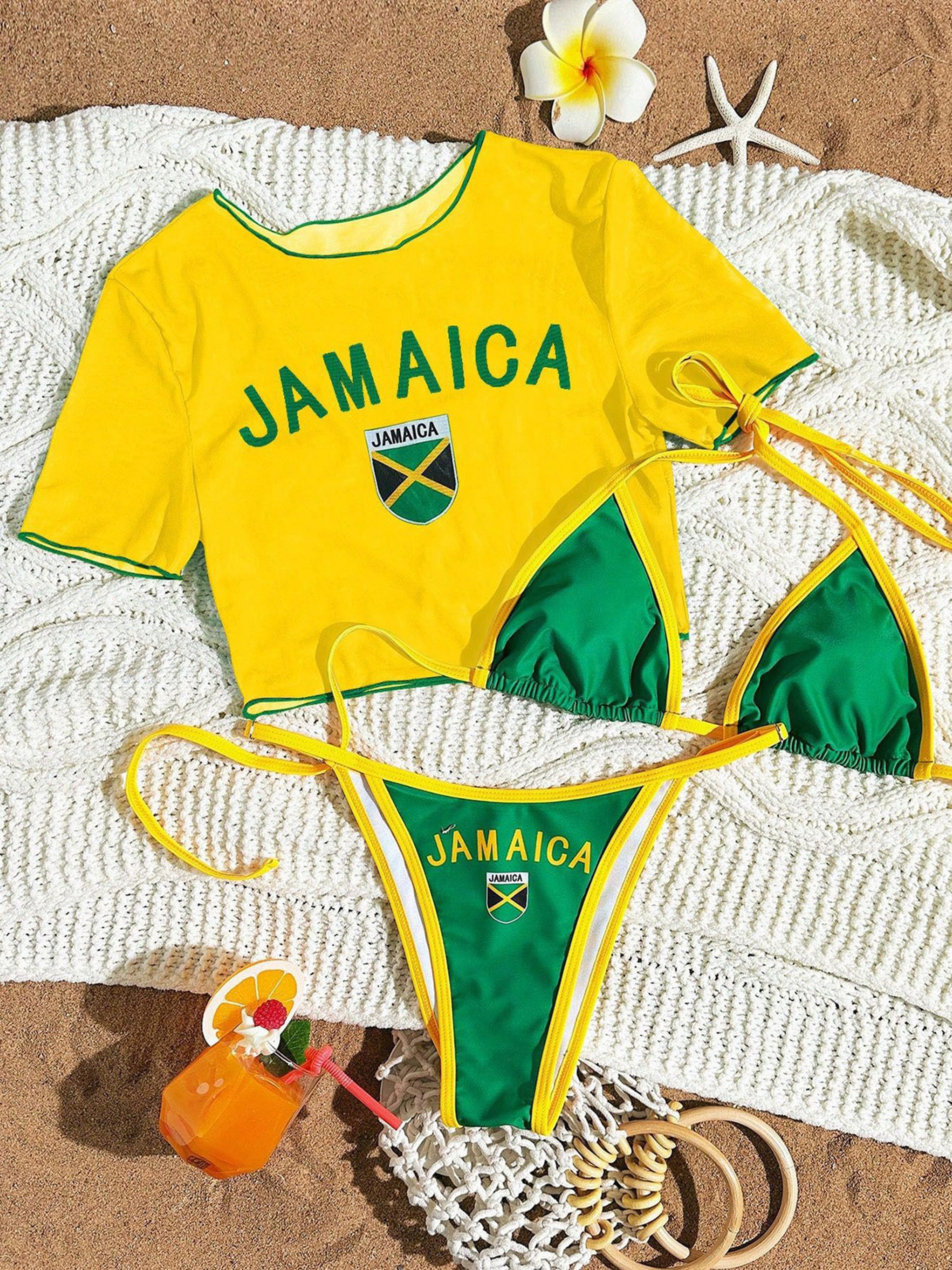 Womens ThreePiece Printed Bikini Set With Short Sleeve Swim Top 4