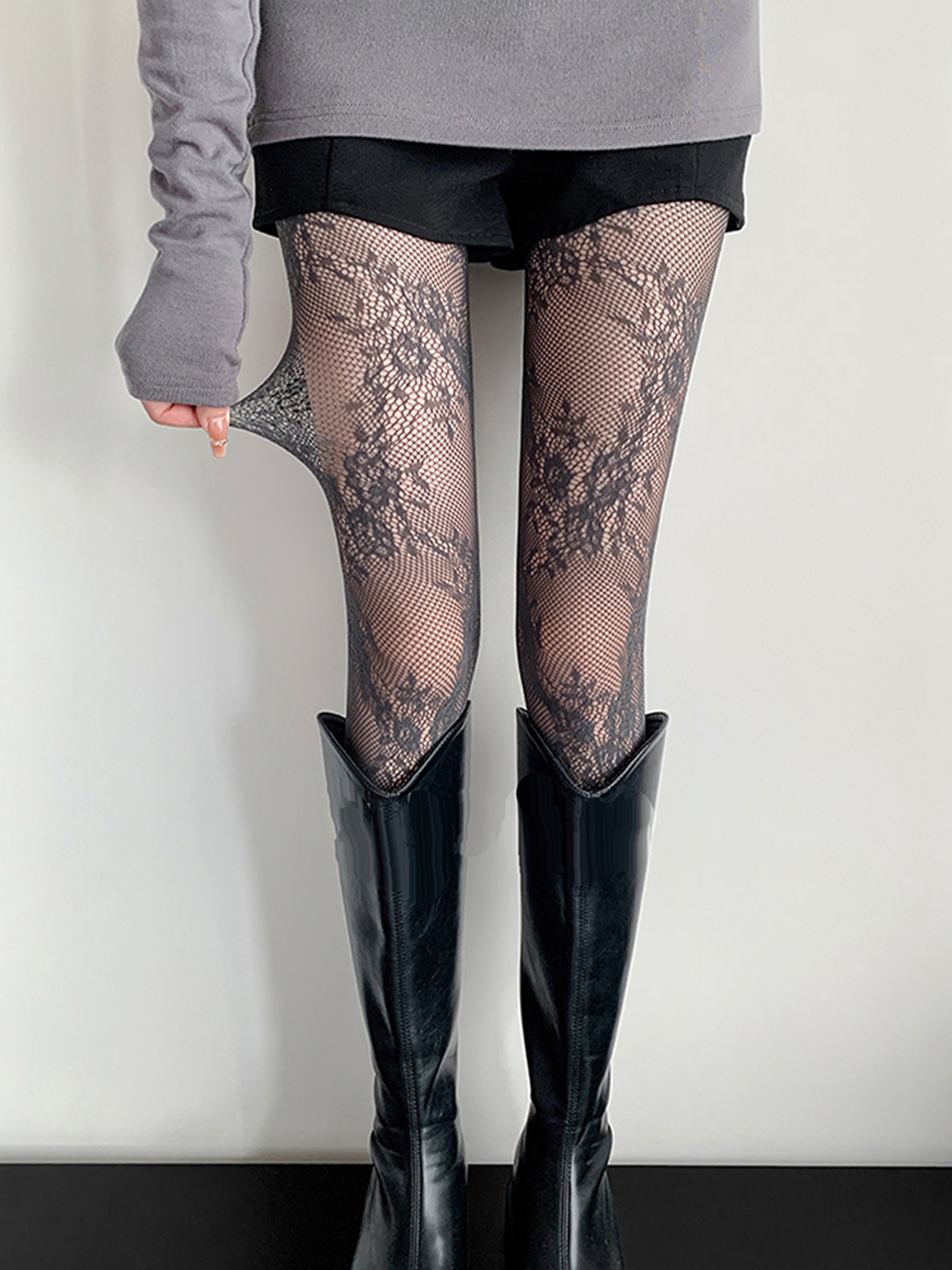 Womens Lolita Floral Lace Thigh High Stockings With Stretchy Mesh Design 7