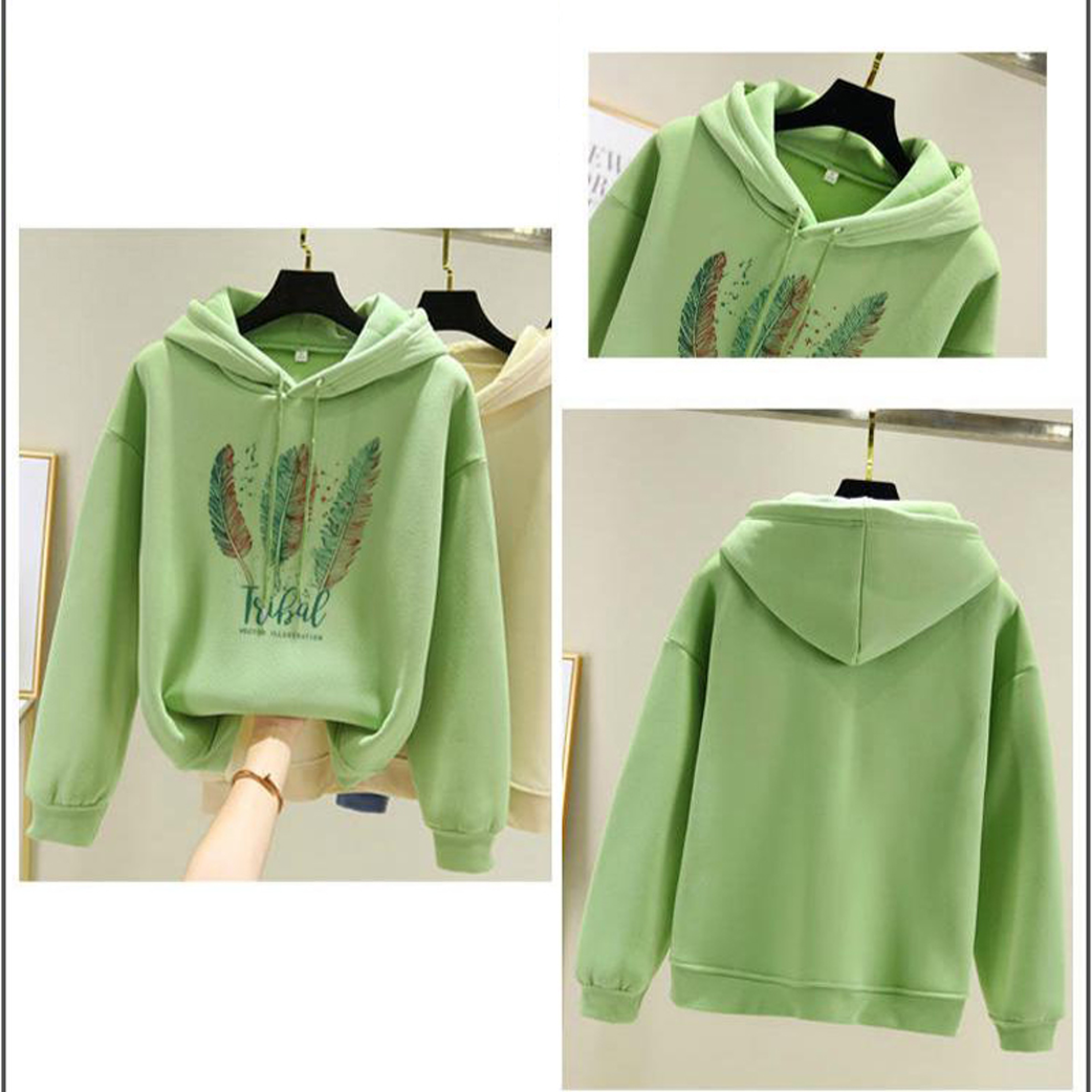 Women's Feather Print Fleece Hoodie – Loose Fit Casual Sweatshirt – view 4