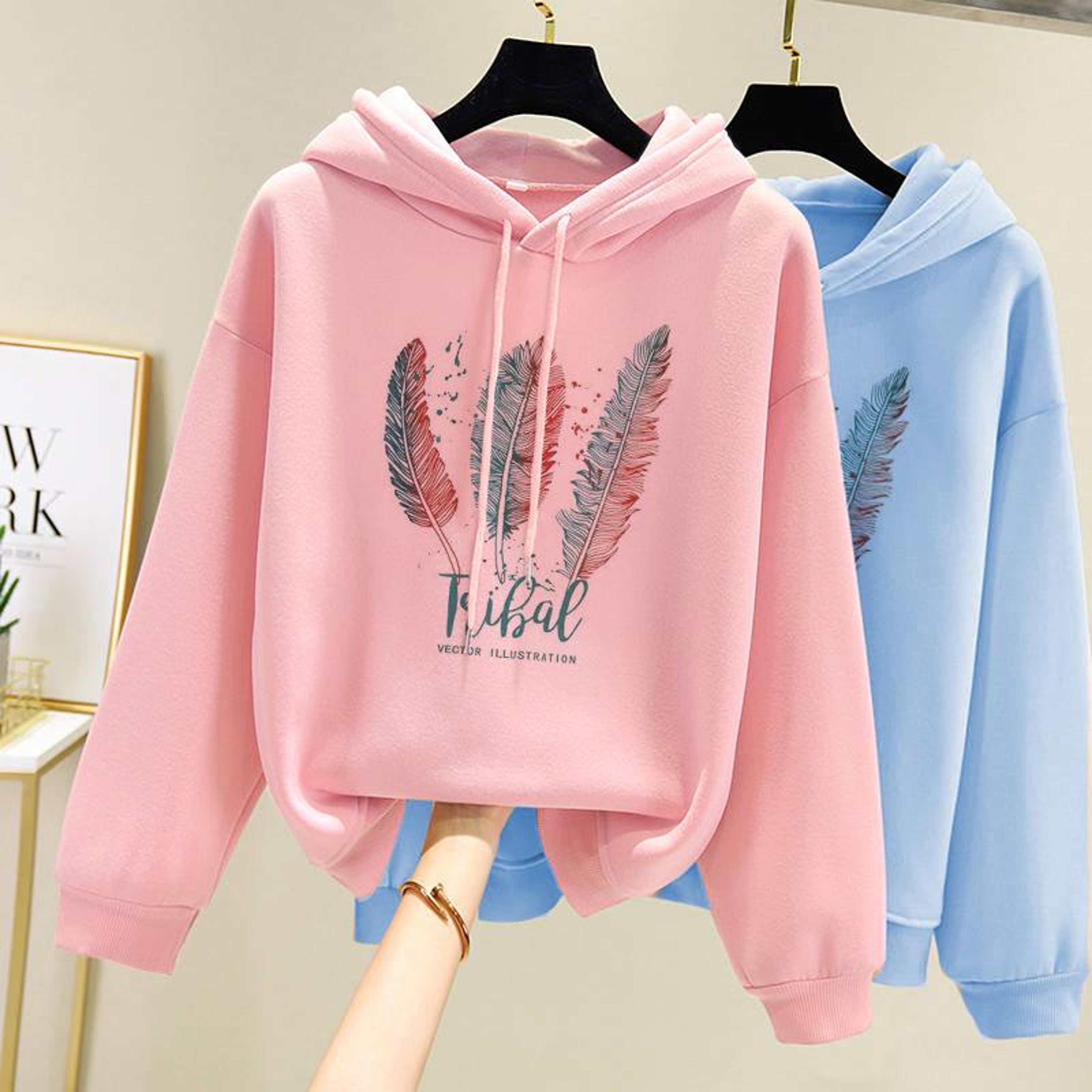 Women's Feather Print Fleece Hoodie – Loose Fit Casual Sweatshirt – view 8