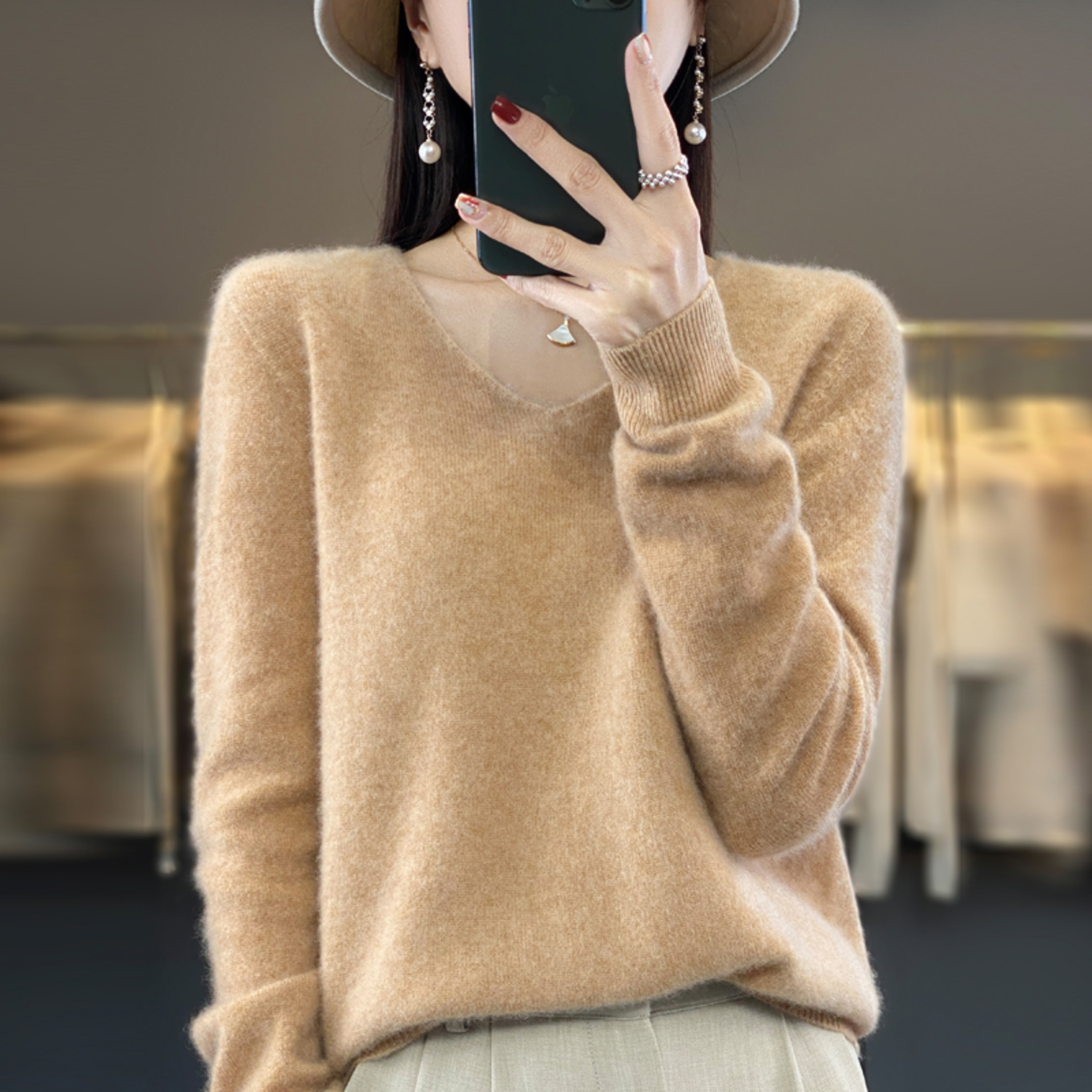 Womens 100 Wool VNeck Sweater  Long Sleeve Knit Pullover 9
