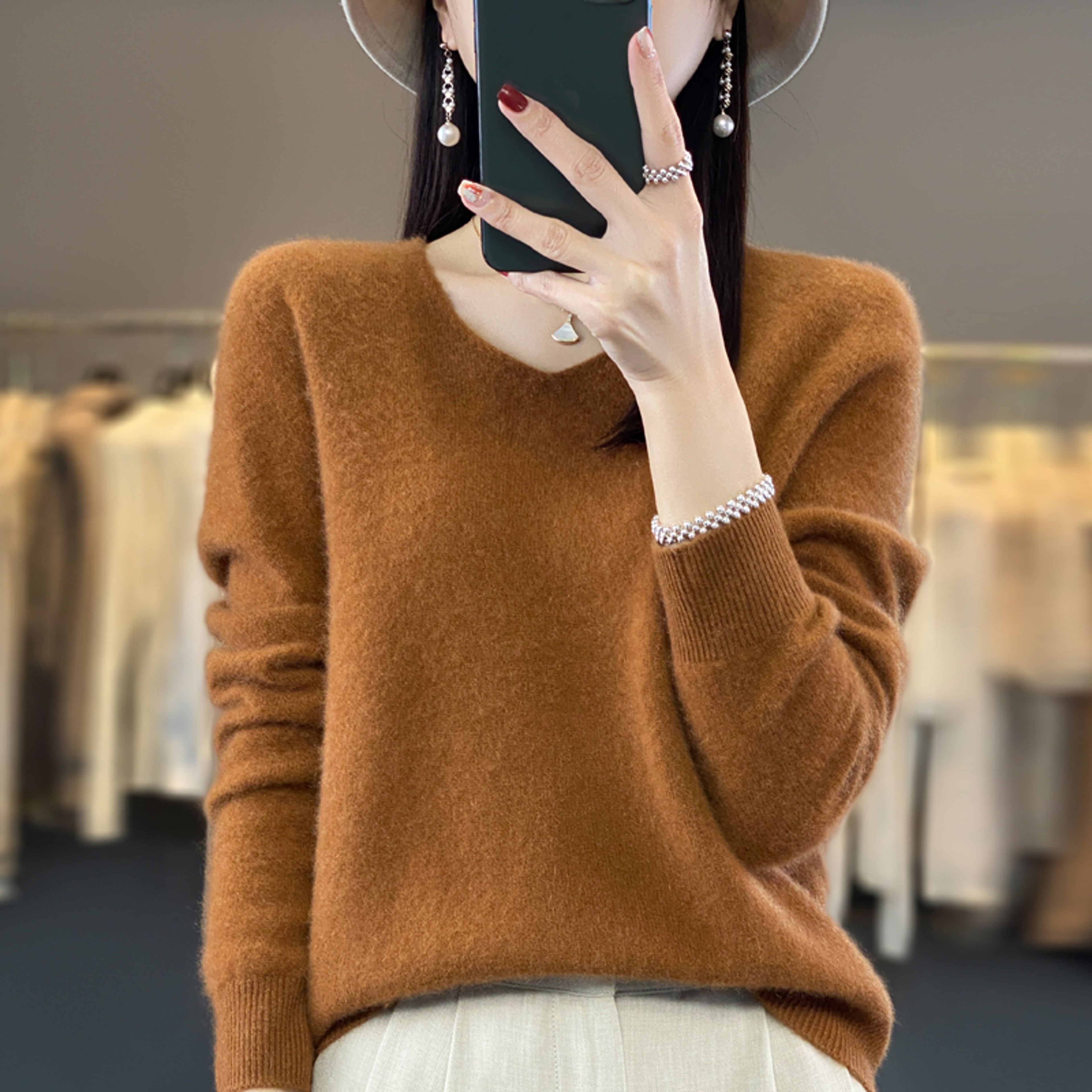 Womens 100 Wool VNeck Sweater  Long Sleeve Knit Pullover 18