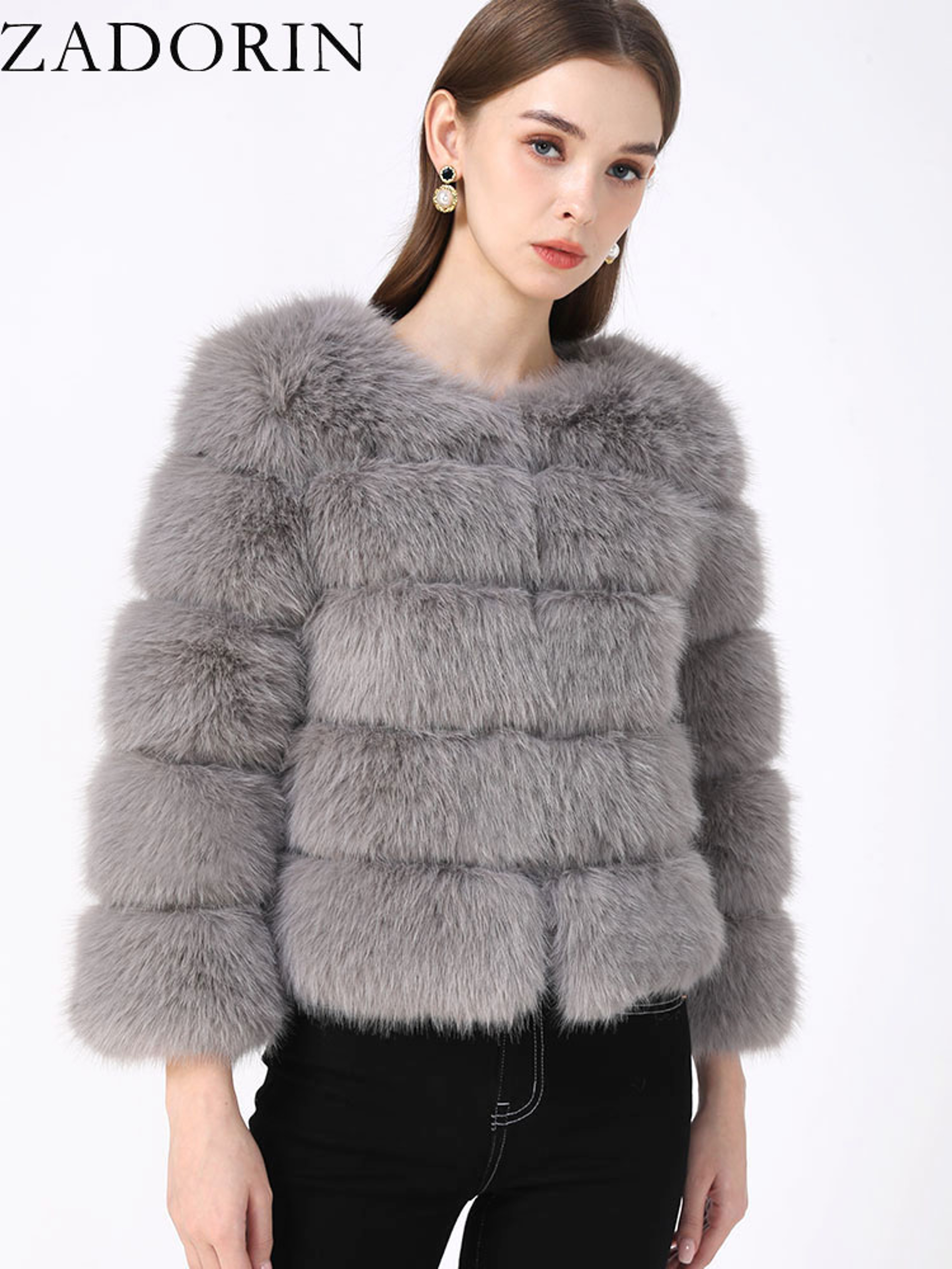 Womens Fluffy Faux Fur Winter Coat With 34 Sleeves And ONeck Collar 2