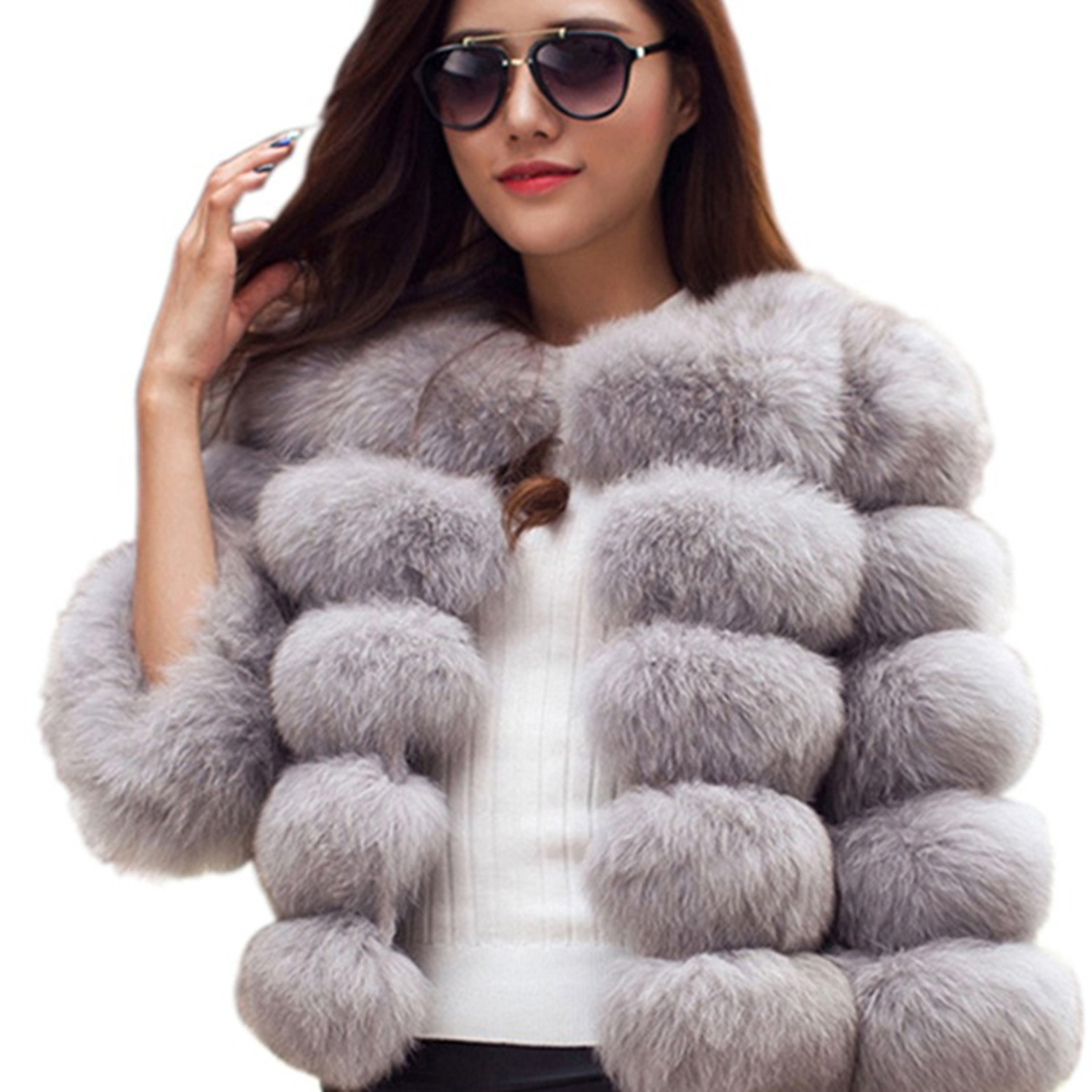 Womens Fluffy Faux Fur Winter Coat With 34 Sleeves And ONeck Collar 0jpg