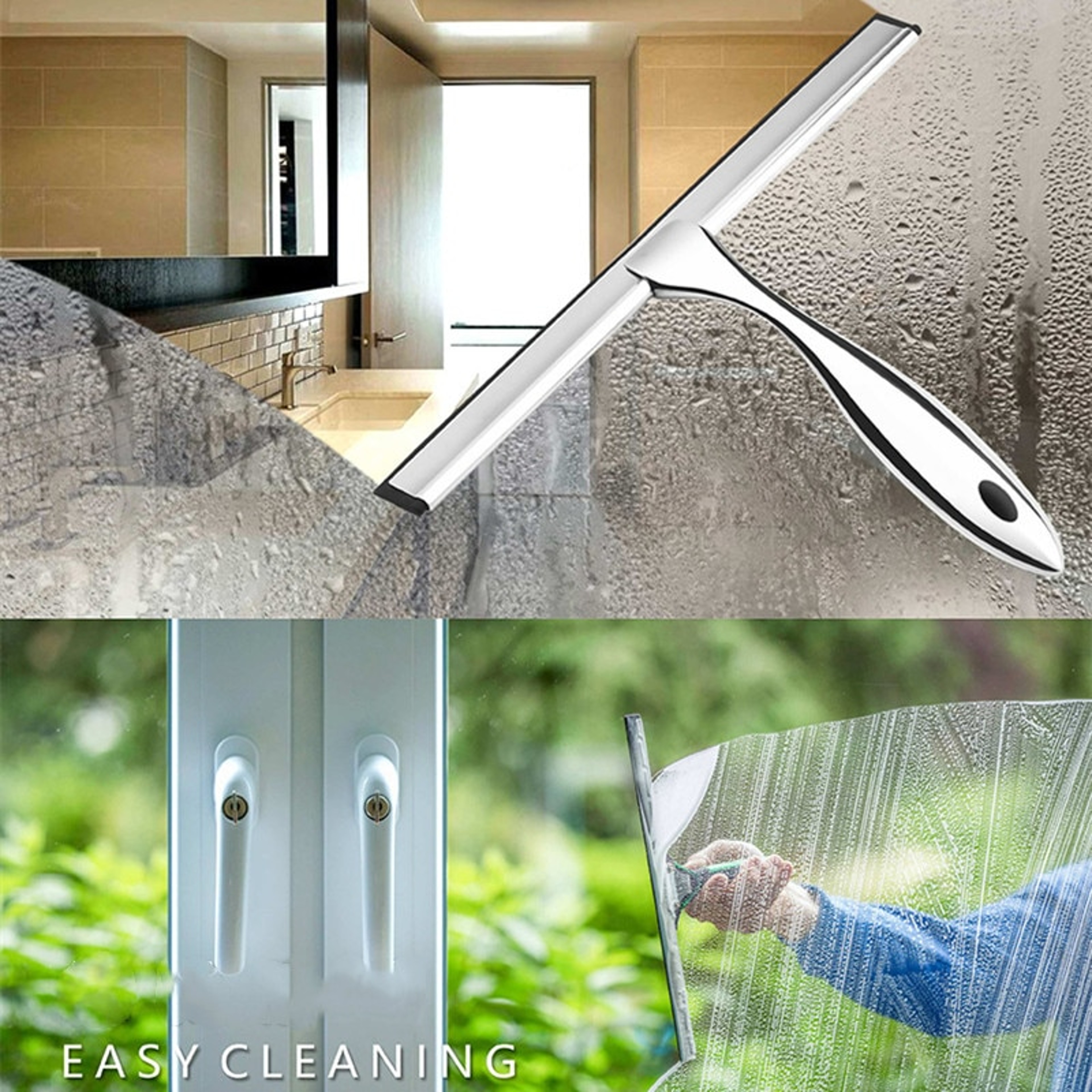 xBOUStainlessSteelShowerSqueegeeforShowerDoorswithHooksHouseholdBathroomWindowMirrorGla