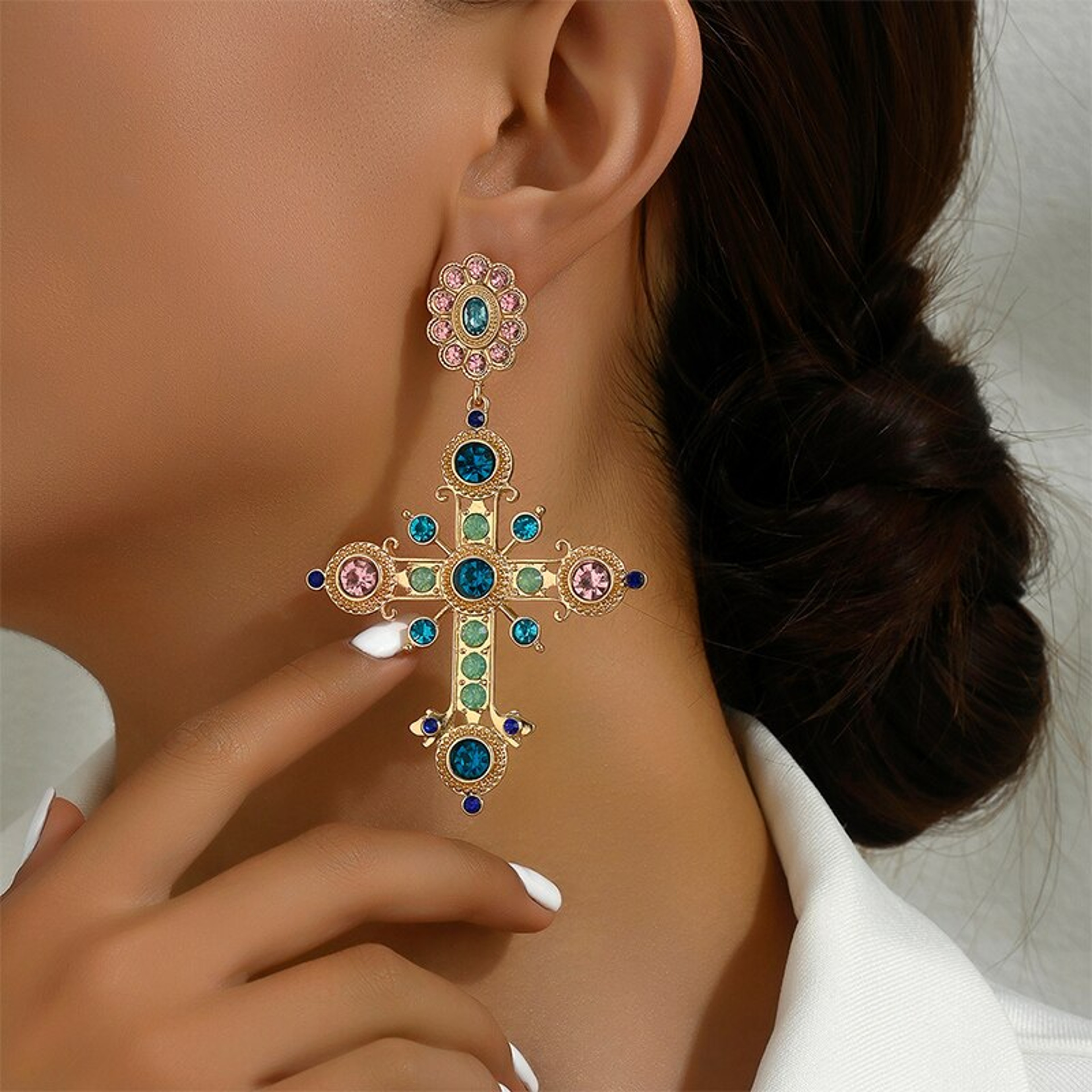 Gothic Byzantine Style Earrings, Art Large Long Earrings Woman's, Vintage Cross Dangle Stud, Exquisite Jewelry Gift – view 1
