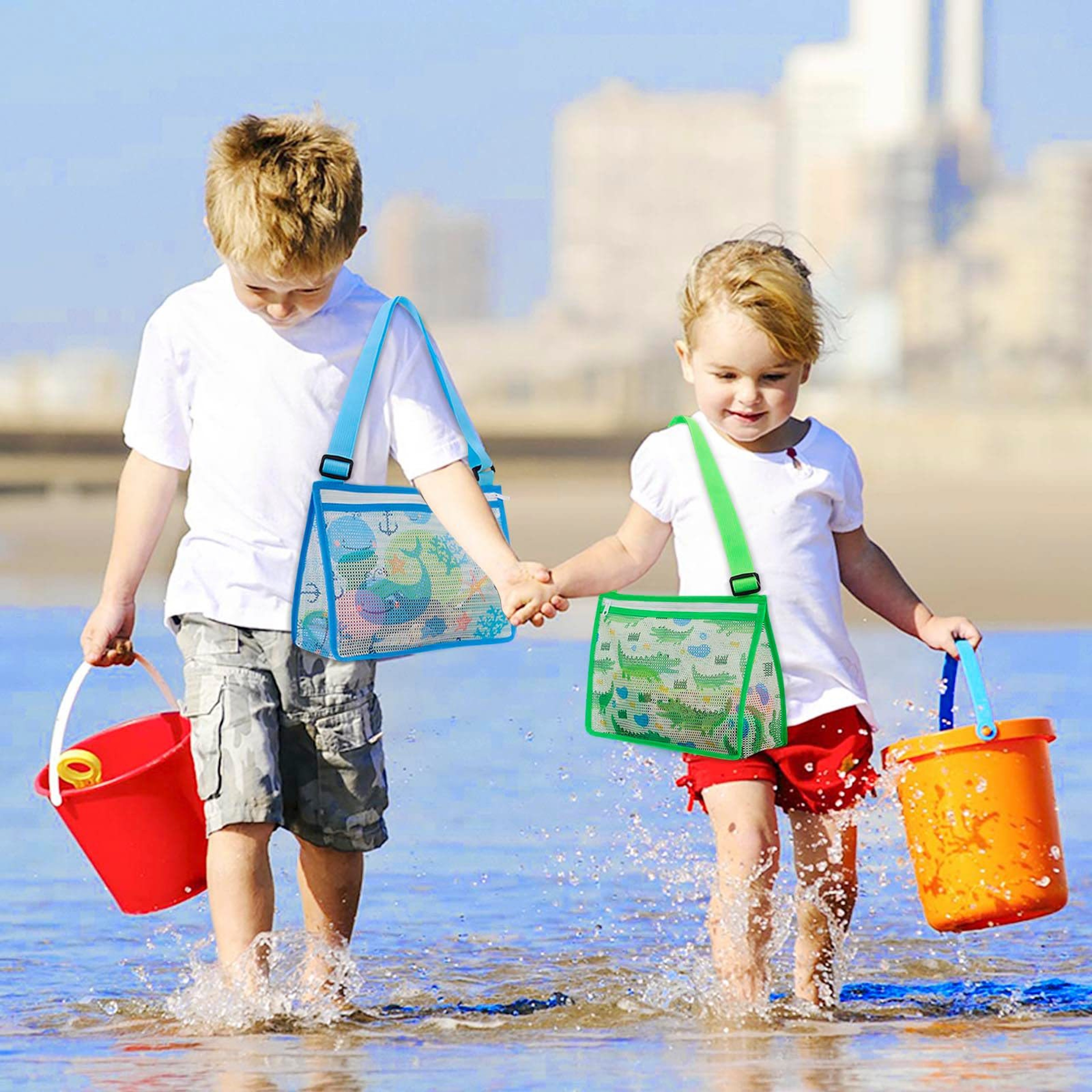 Kids Mesh Beach Bag For Shell Collecting Colorful Lightweight Beach Toy Storage Bag 0
