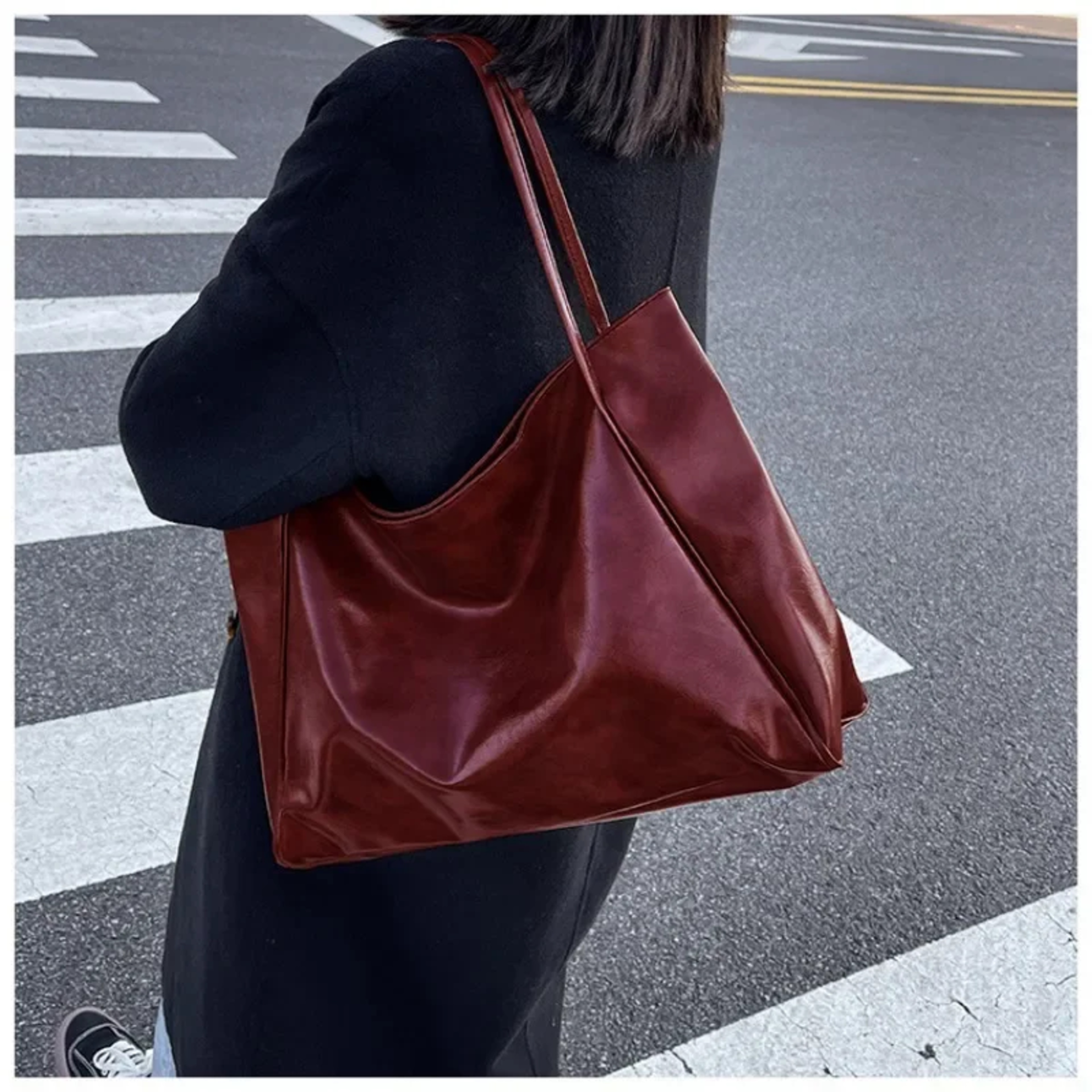 Large Capacity PU Leather Tote Bag Retro Shoulder Crossbody Everyday Handbag 8