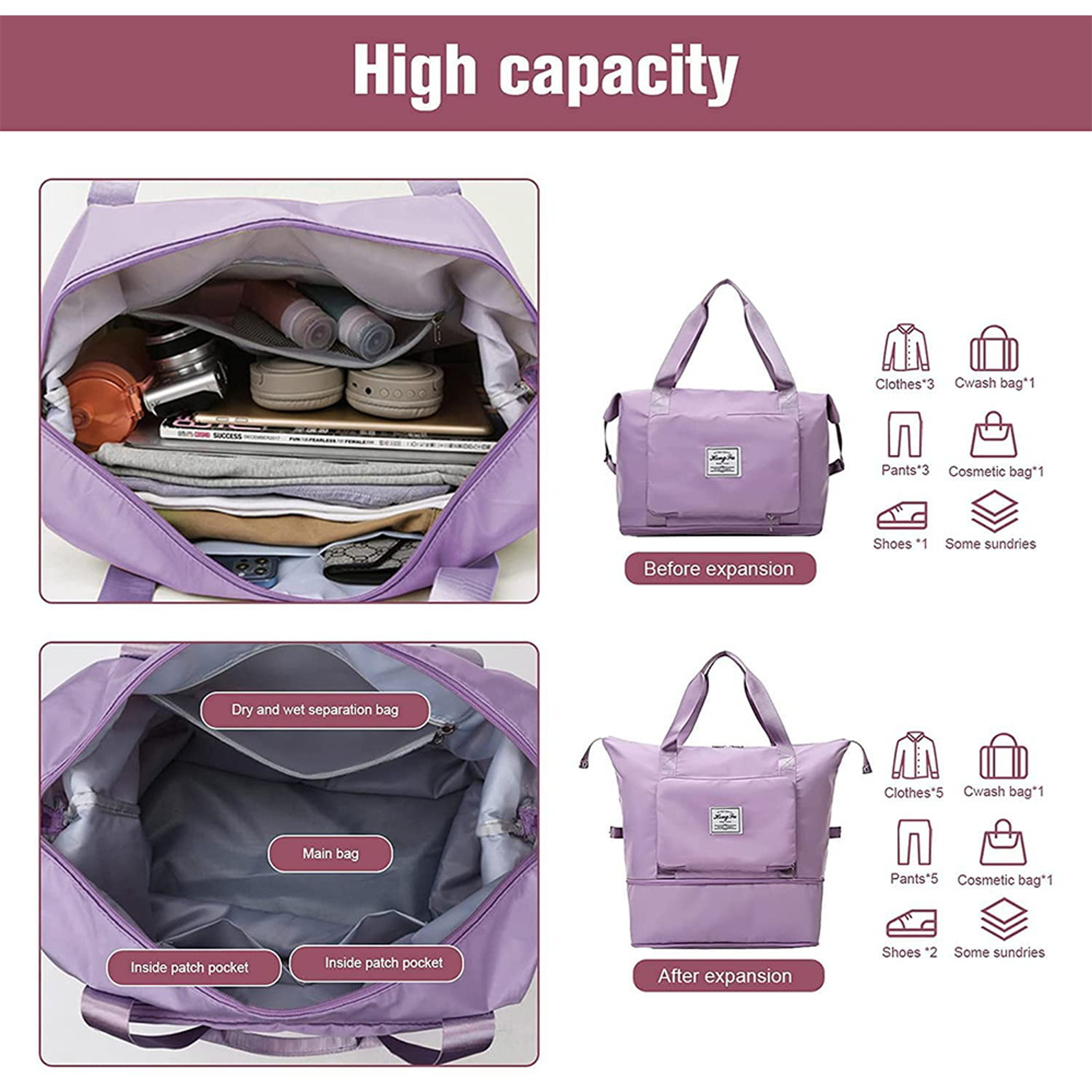Foldable Large Capacity Travel Bag Lightweight Waterproof Carry On Duffel Tote 3