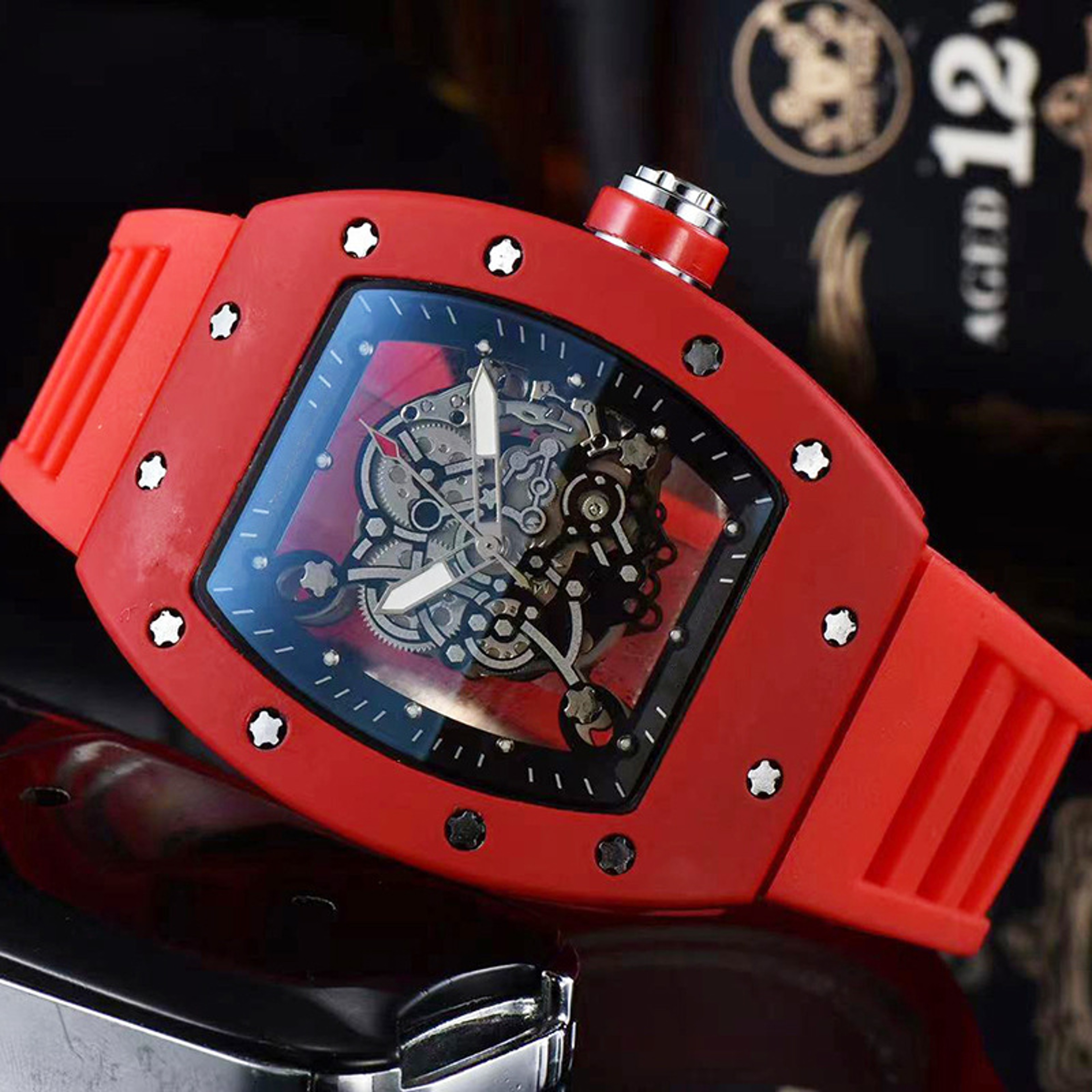 Barrel Shape Skeleton Quartz Watch Transparent Dial Stylish Casual Mens Watch 1