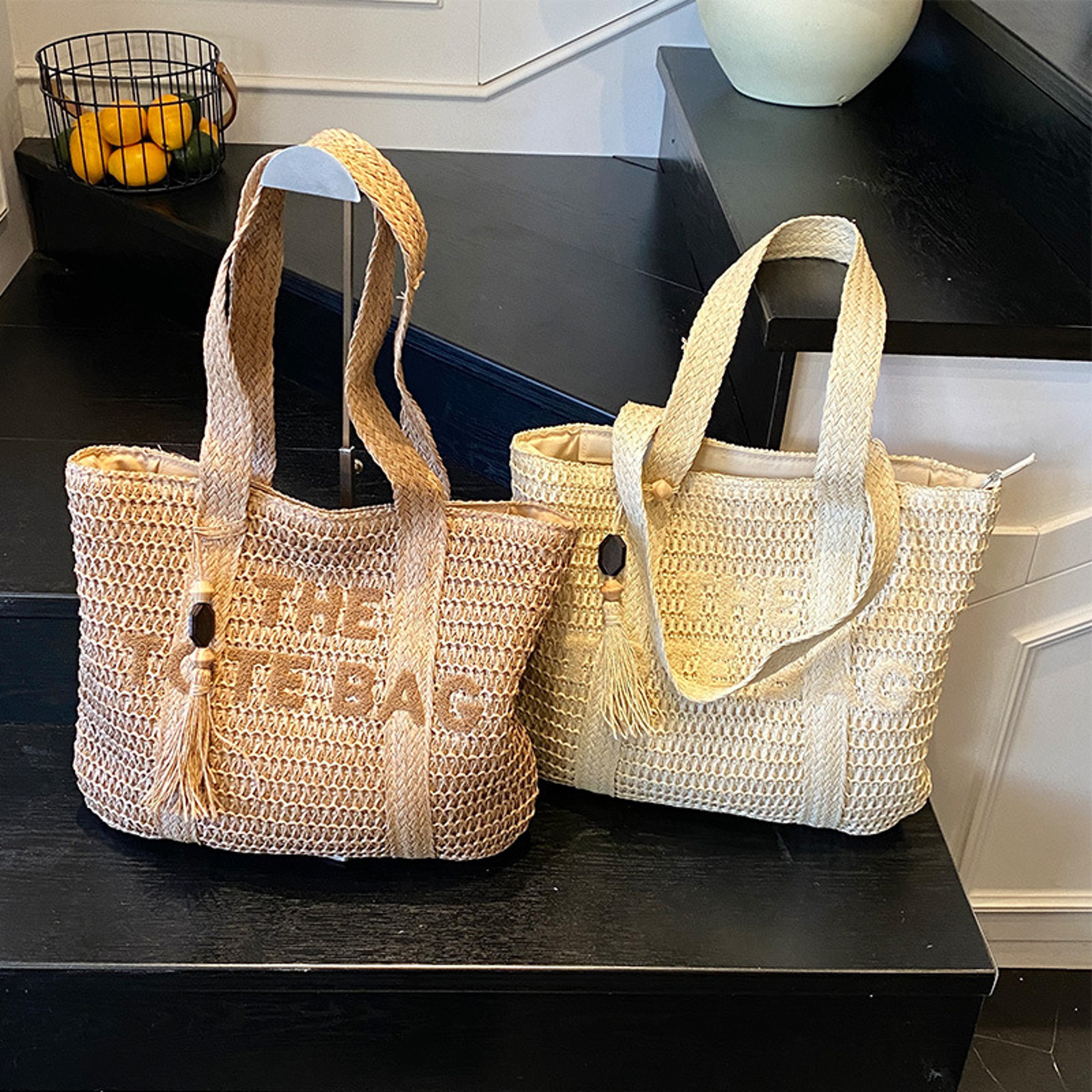 French Style Large Capacity Straw Beach Tote Bag Chic Woven Shoulder Bag For Women 0