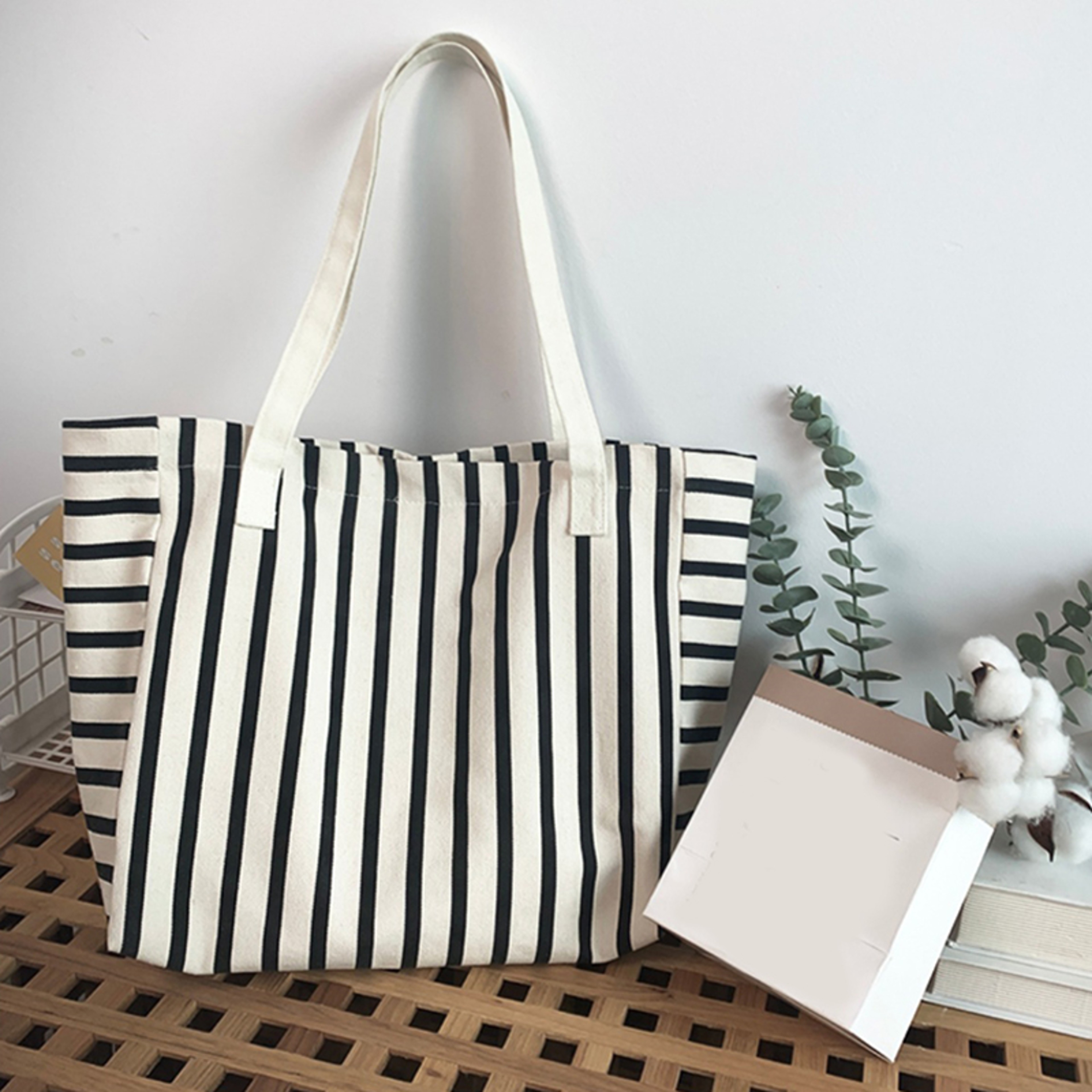 Striped Canvas Beach Tote Bag Large Capacity Summer Shoulder Handbag For Women 0