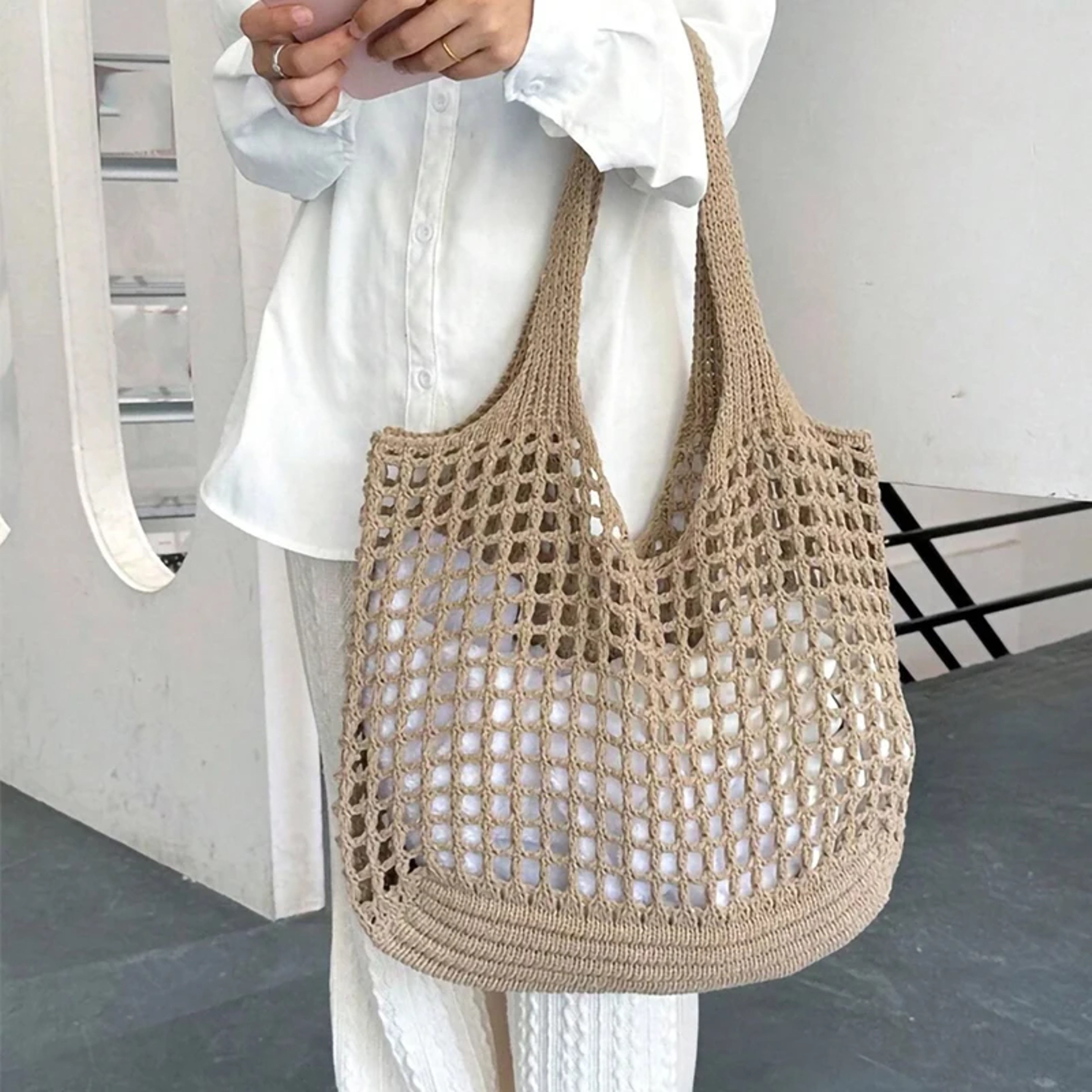 Boho Crochet Beach Tote Bag Lightweight Straw Shoulder Handbag for Summer – view 1