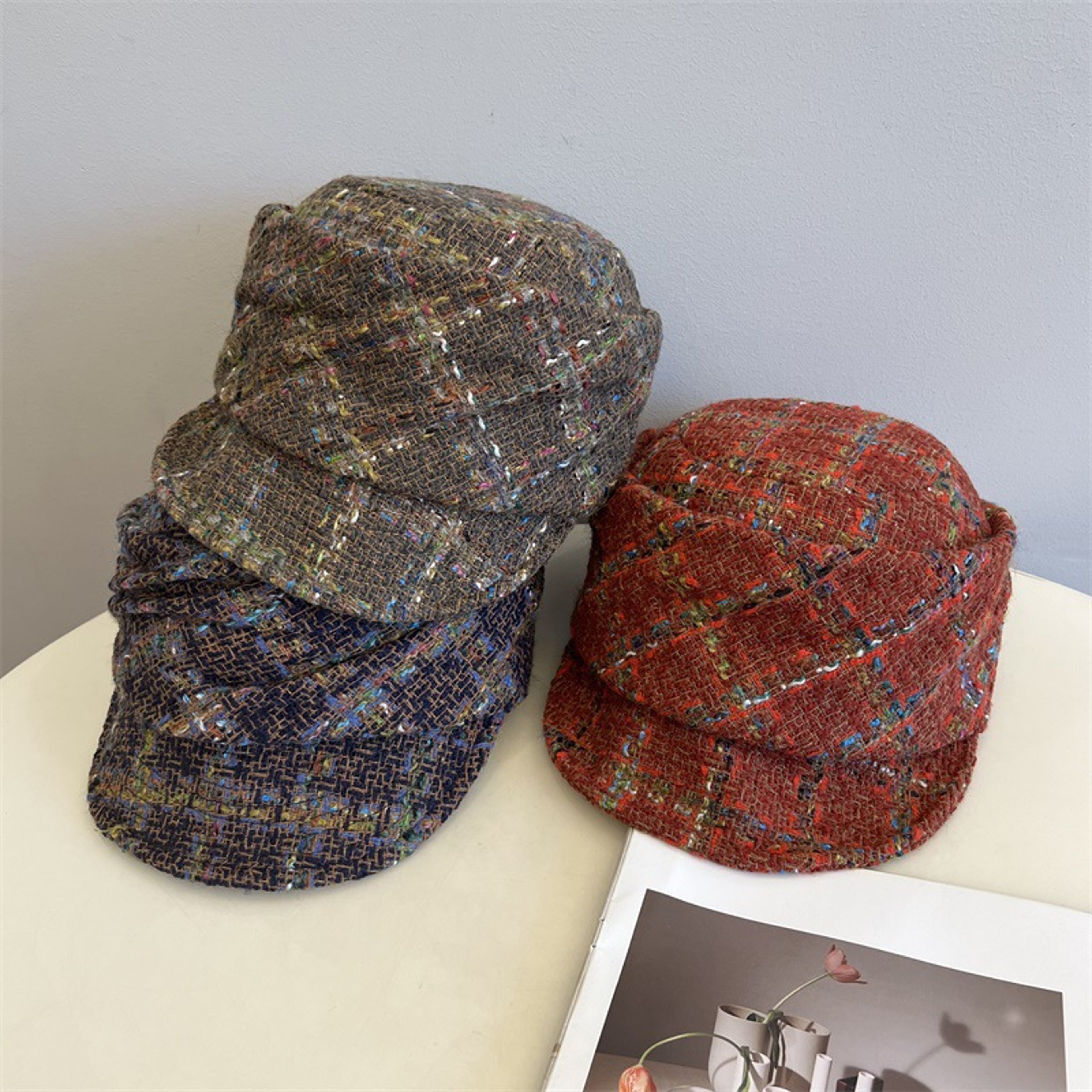 French Tweed Beret Hat Women Winter Warm Literary Style Equestrian Cap 3