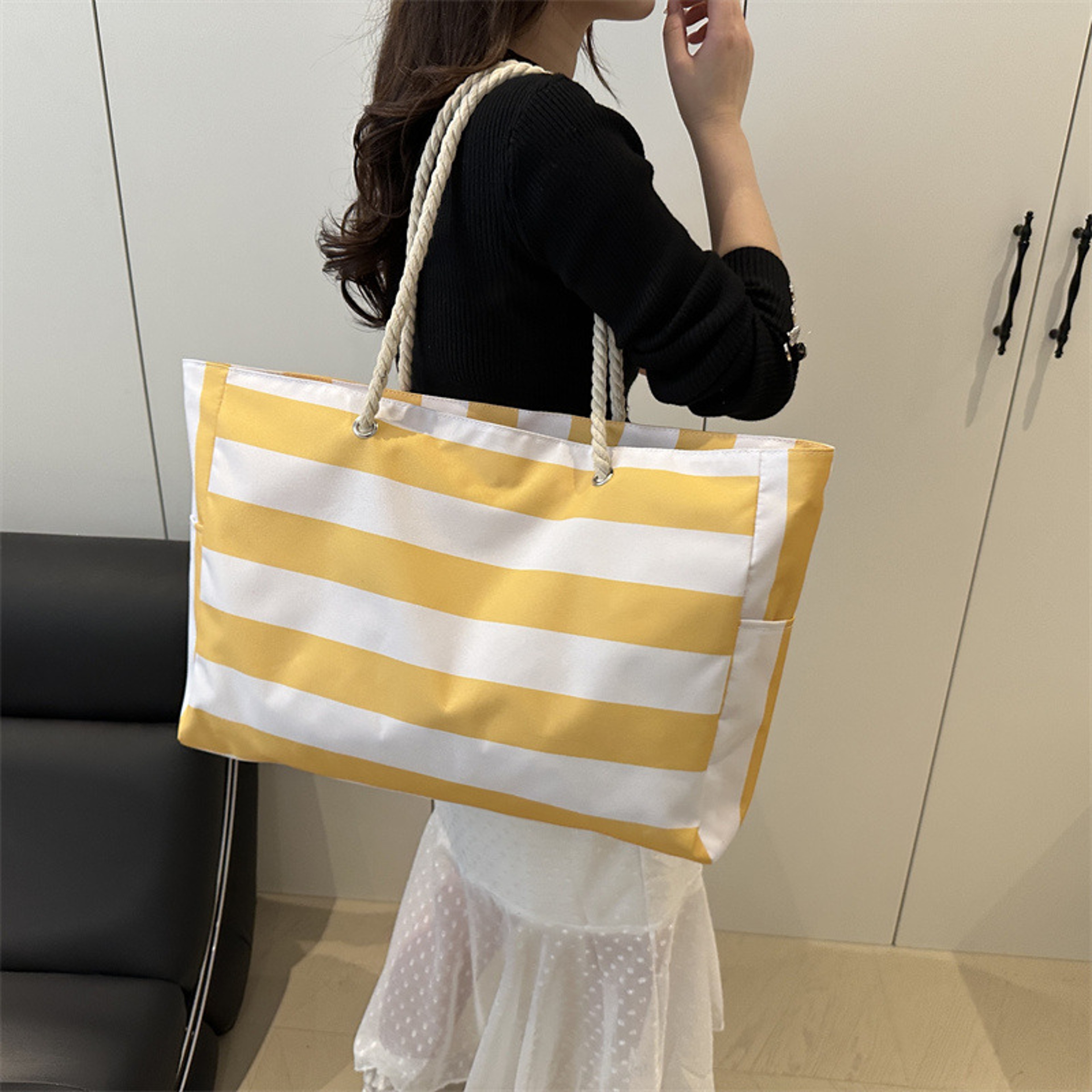 Waterproof Foldable Beach Bag Large Striped Canvas Travel Tote 9