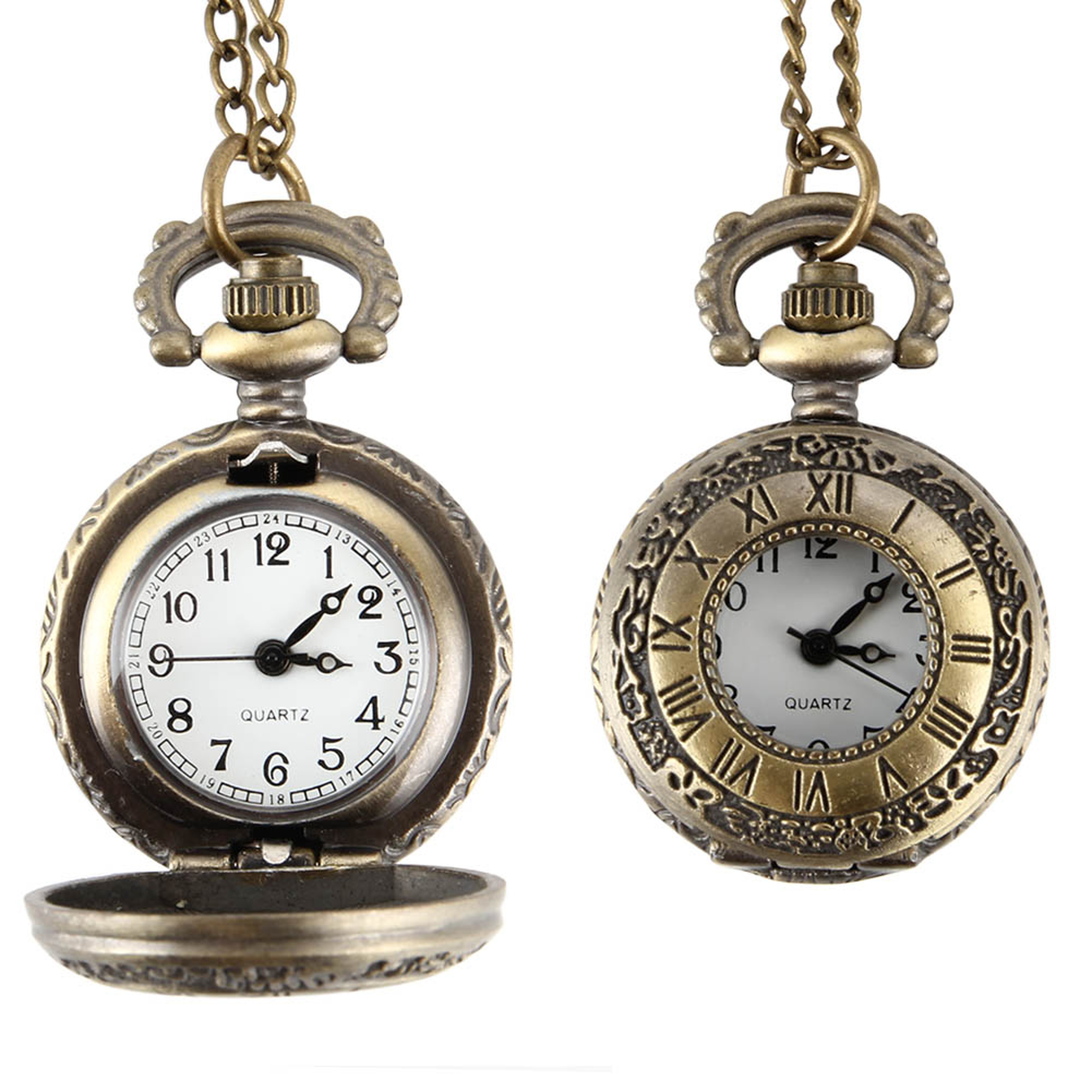 Vintage Dual Time Pocket Watch Necklace Roman Numeral Pendant Quartz Chain Watch 0