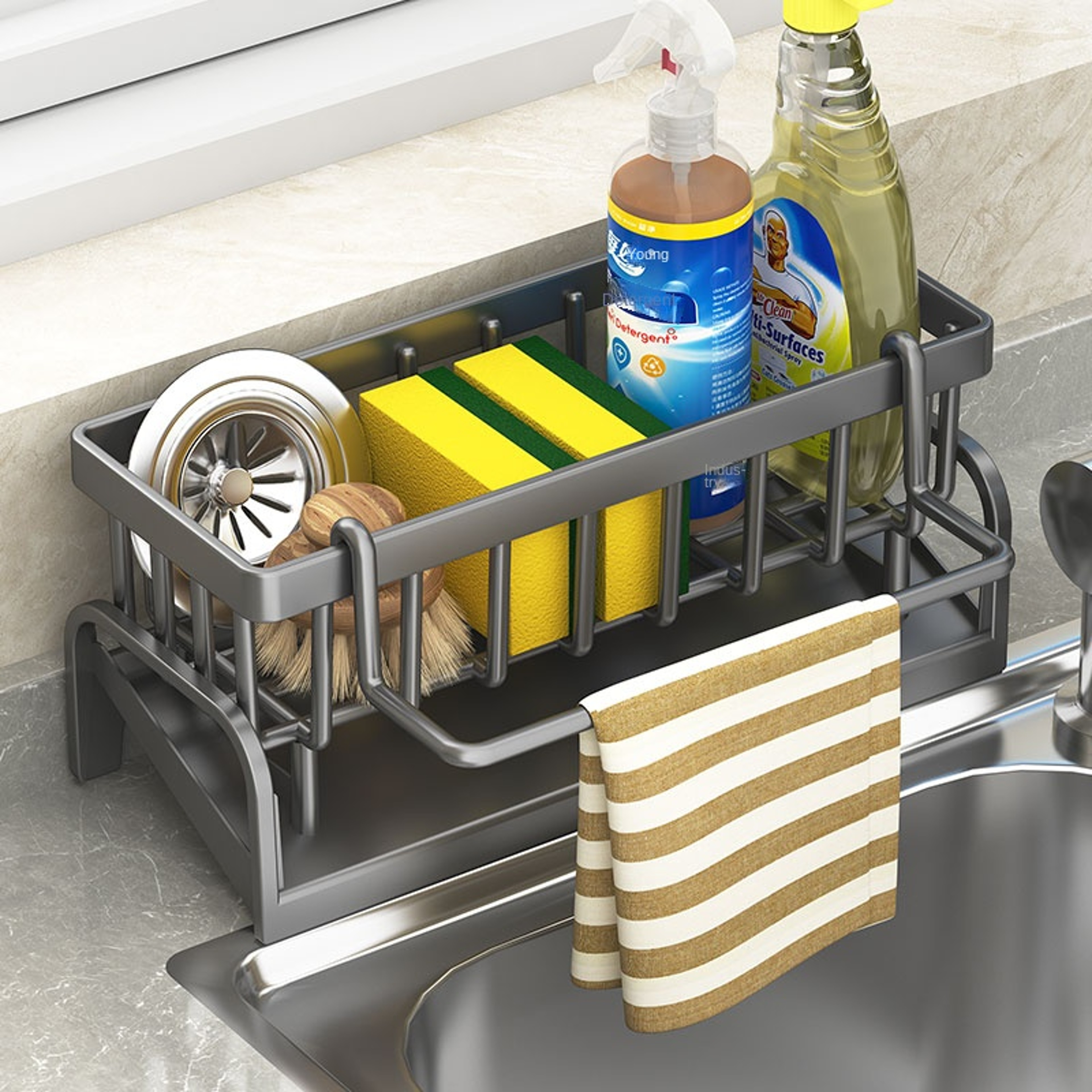 Kitchen Sink Organizer Rack With Drain Tray Sponge Holder And Cleaning Cloth Storage 4