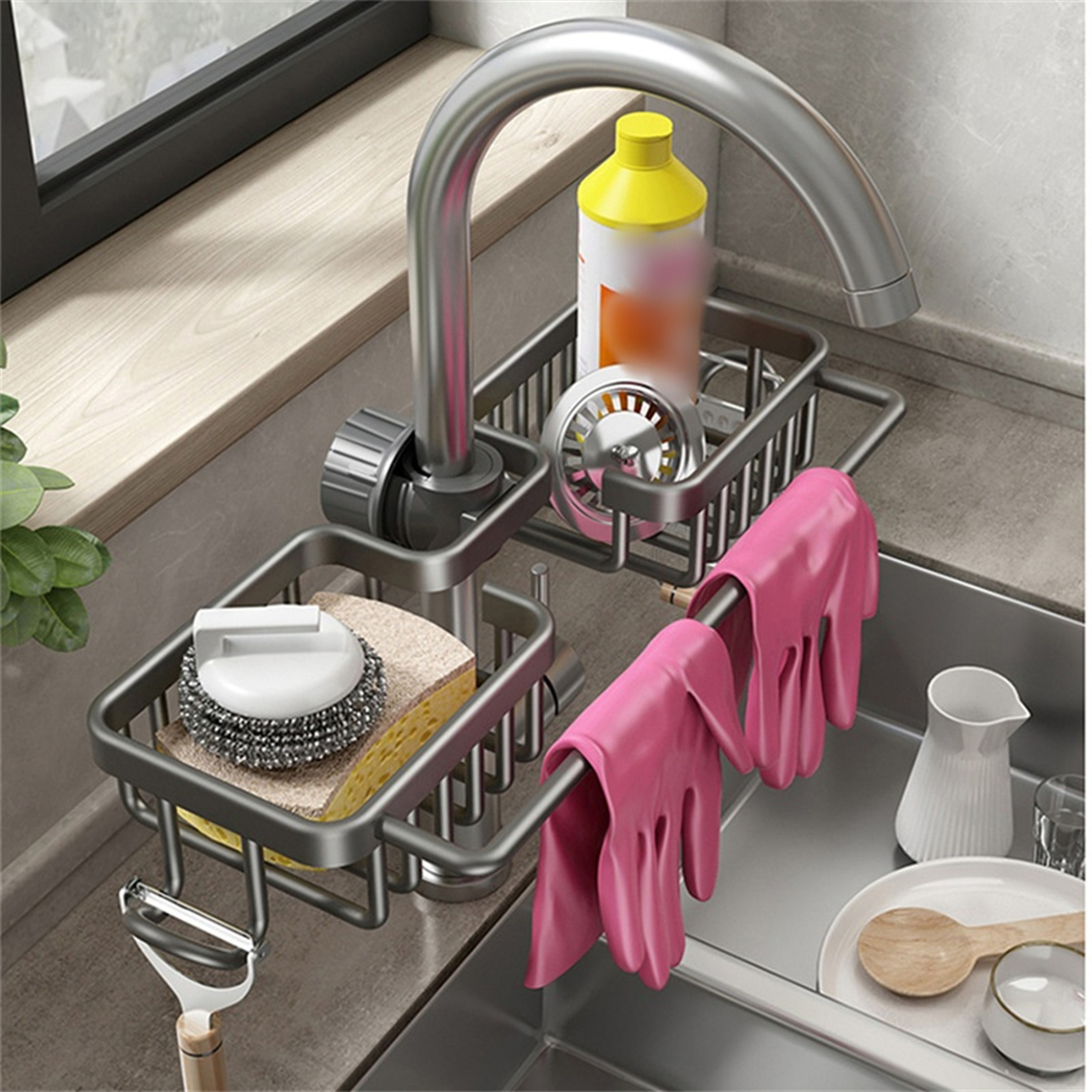 Sink Sponge Holder with Drain Tray No Drill Kitchen Storage Rack Organizer – view 3