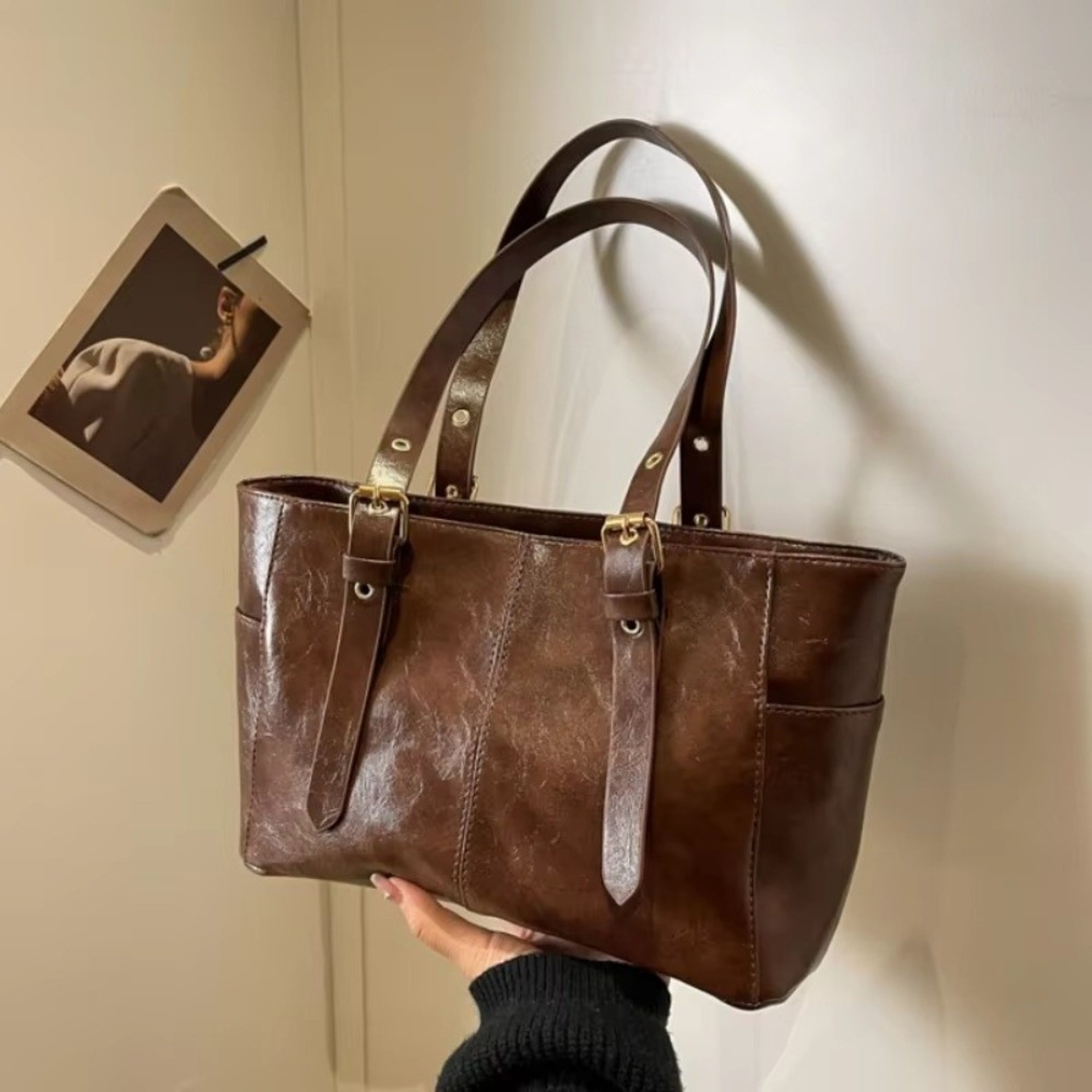 Retro Shoulder Bag Large Capacity Tote PU Leather Handbag For Women 4