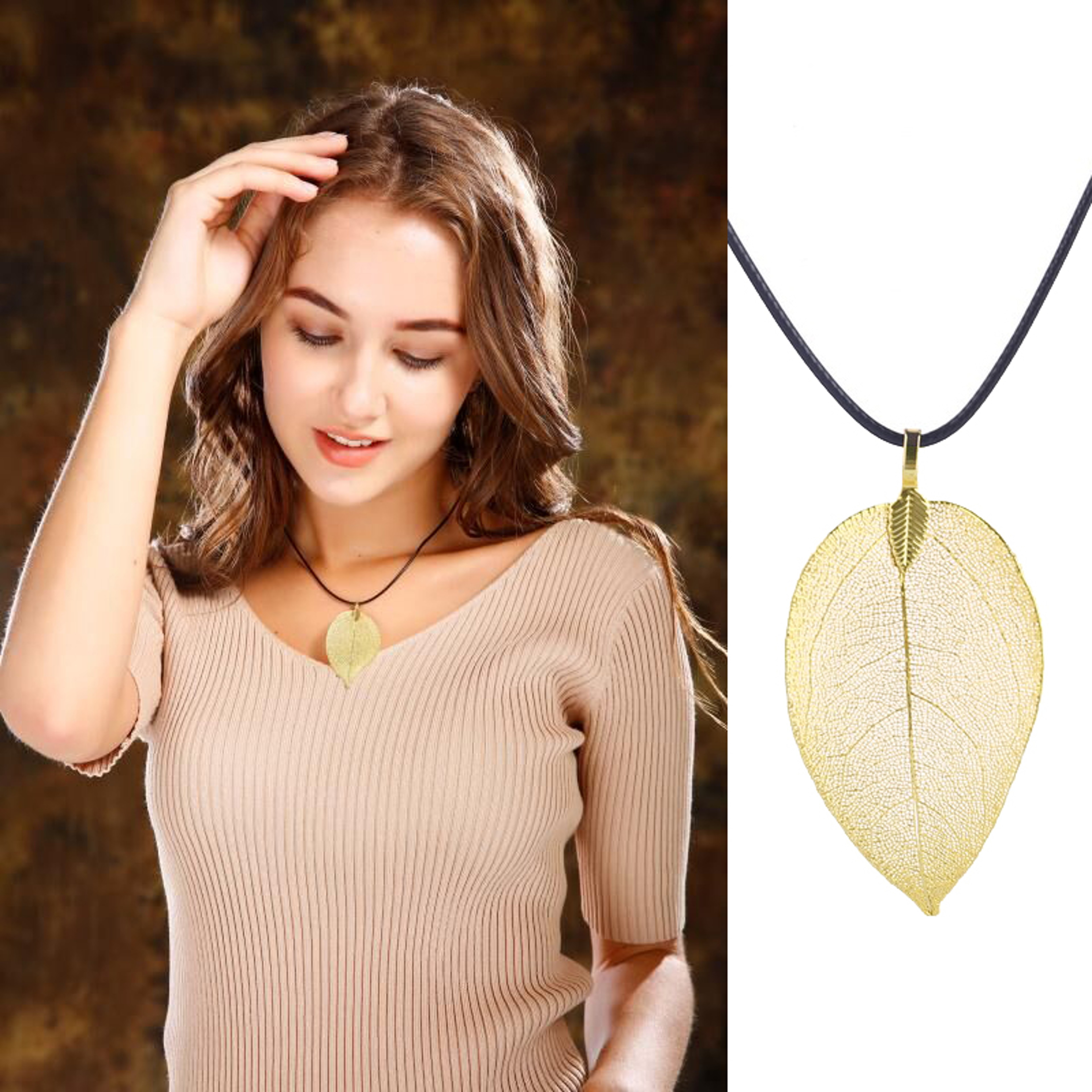 Real Leaf Choker Necklace For Women Natural Filigree Pendant Jewelry 5