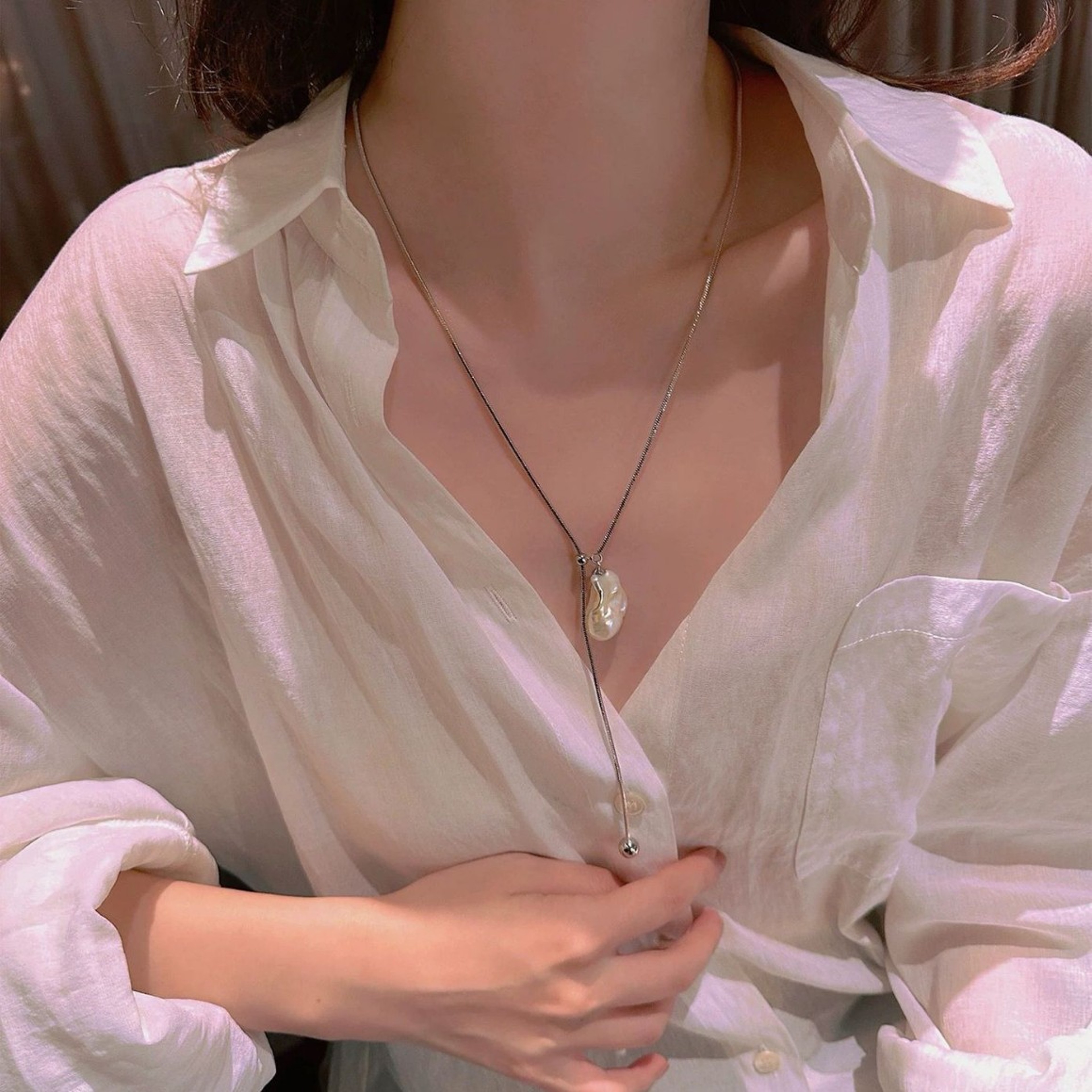 Baroque Pearl Stainless Steel Long Necklace Adjustable Chain Jewelry for Women – view 2