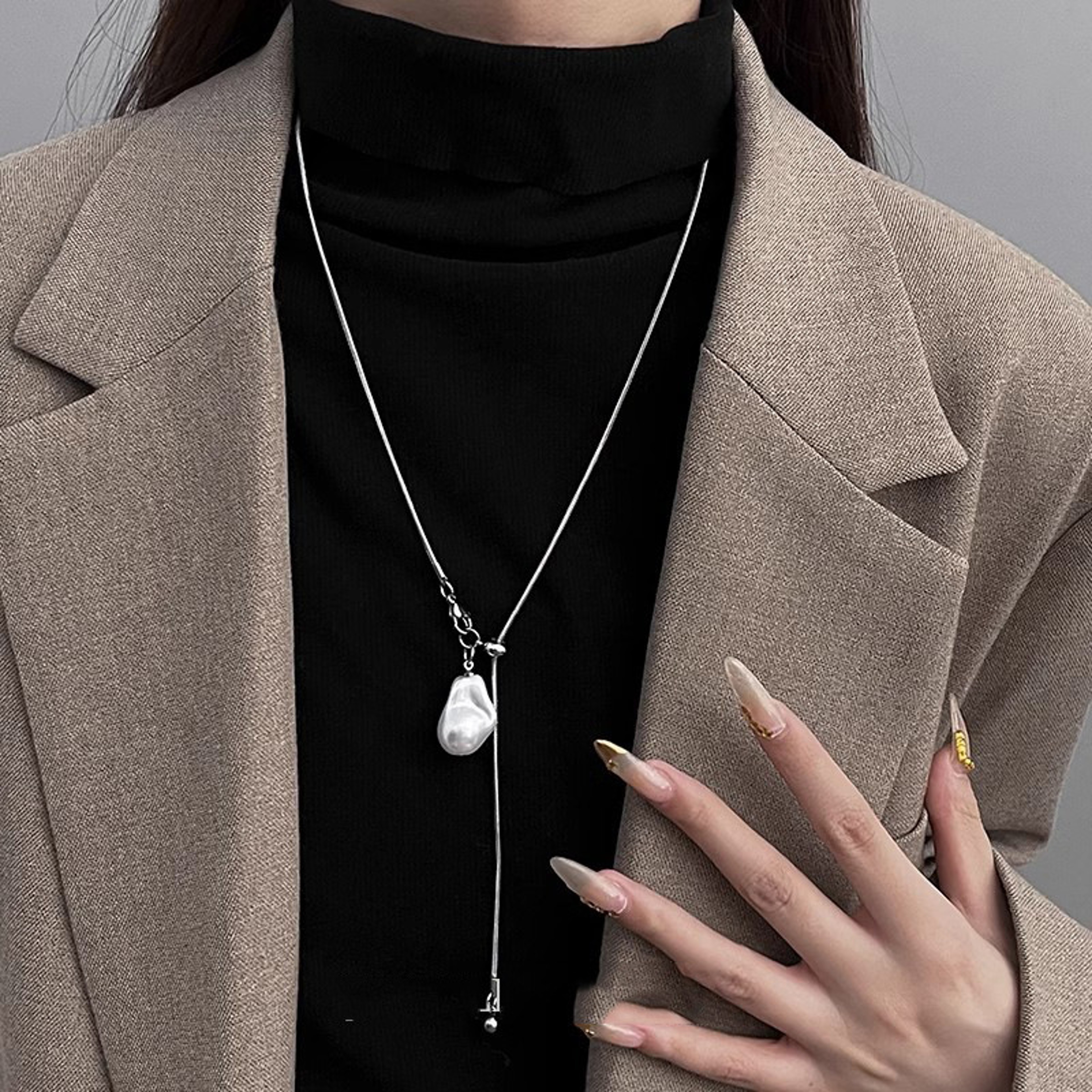 Baroque Pearl Stainless Steel Long Necklace Adjustable Chain Jewelry for Women – view 8