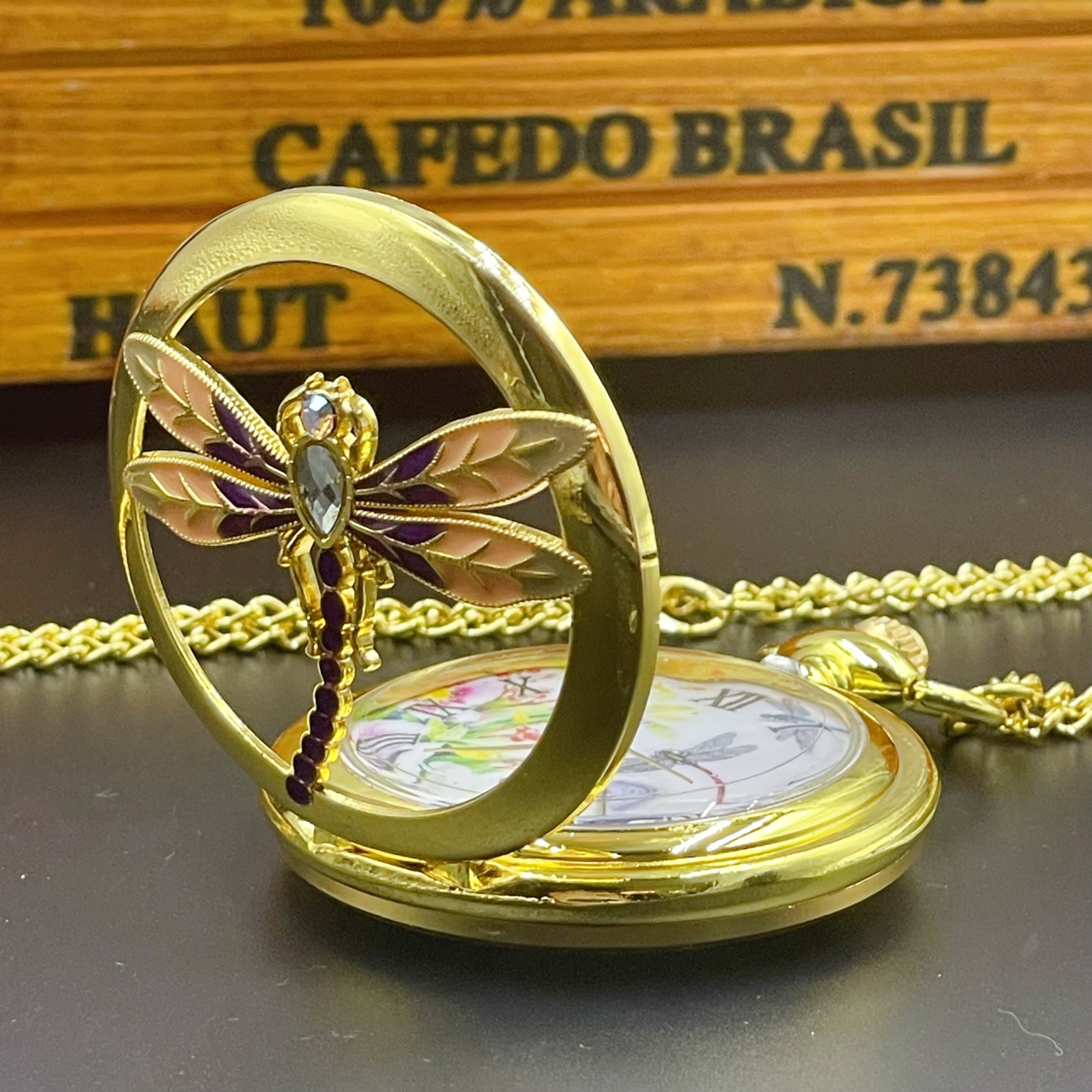 Vintage Dragonfly Pocket Watch Necklace Elegant Quartz Pendant for Women – view 3