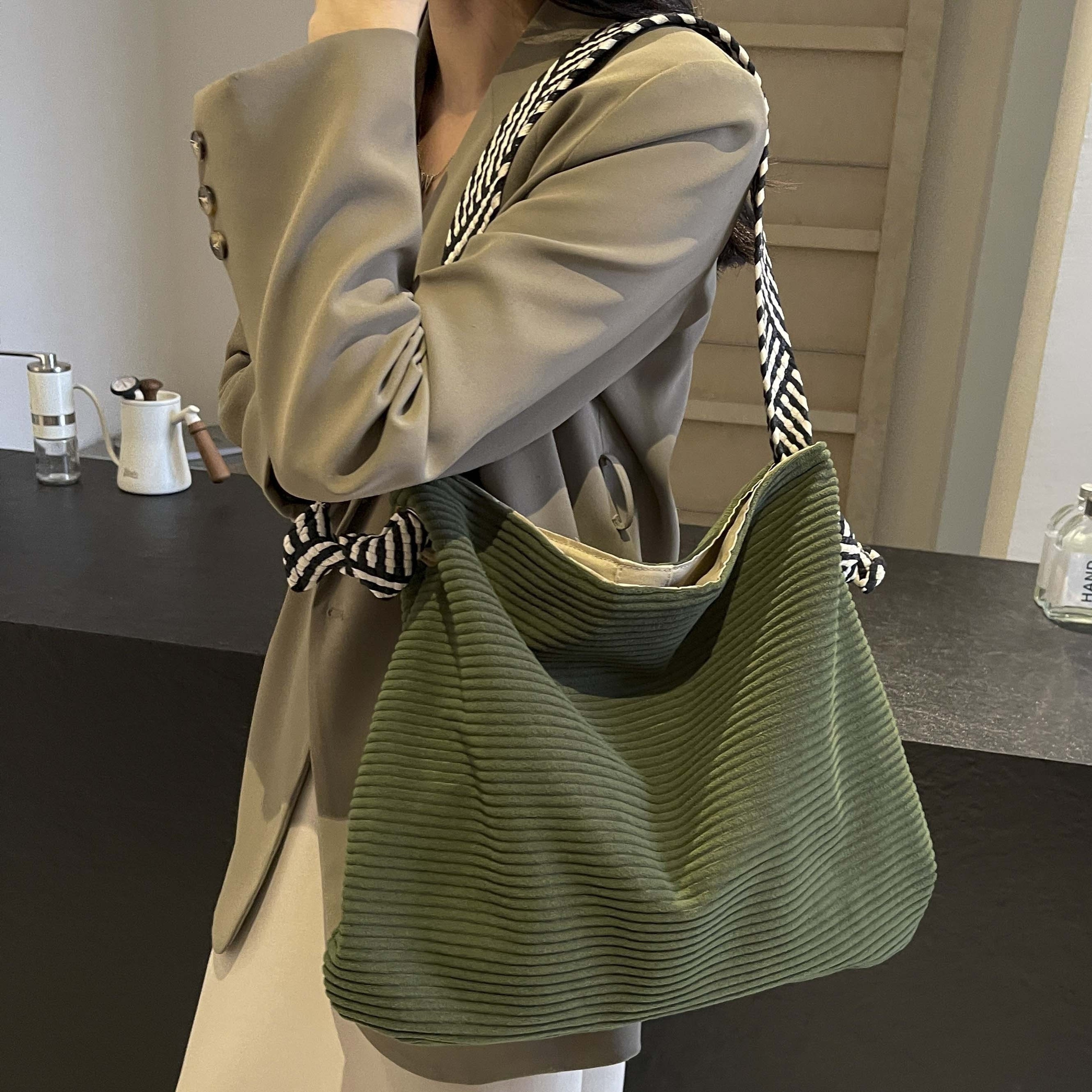 Corduroy Velvet Handbag with Wide Strap Casual Women Shoulder Bag – view 6