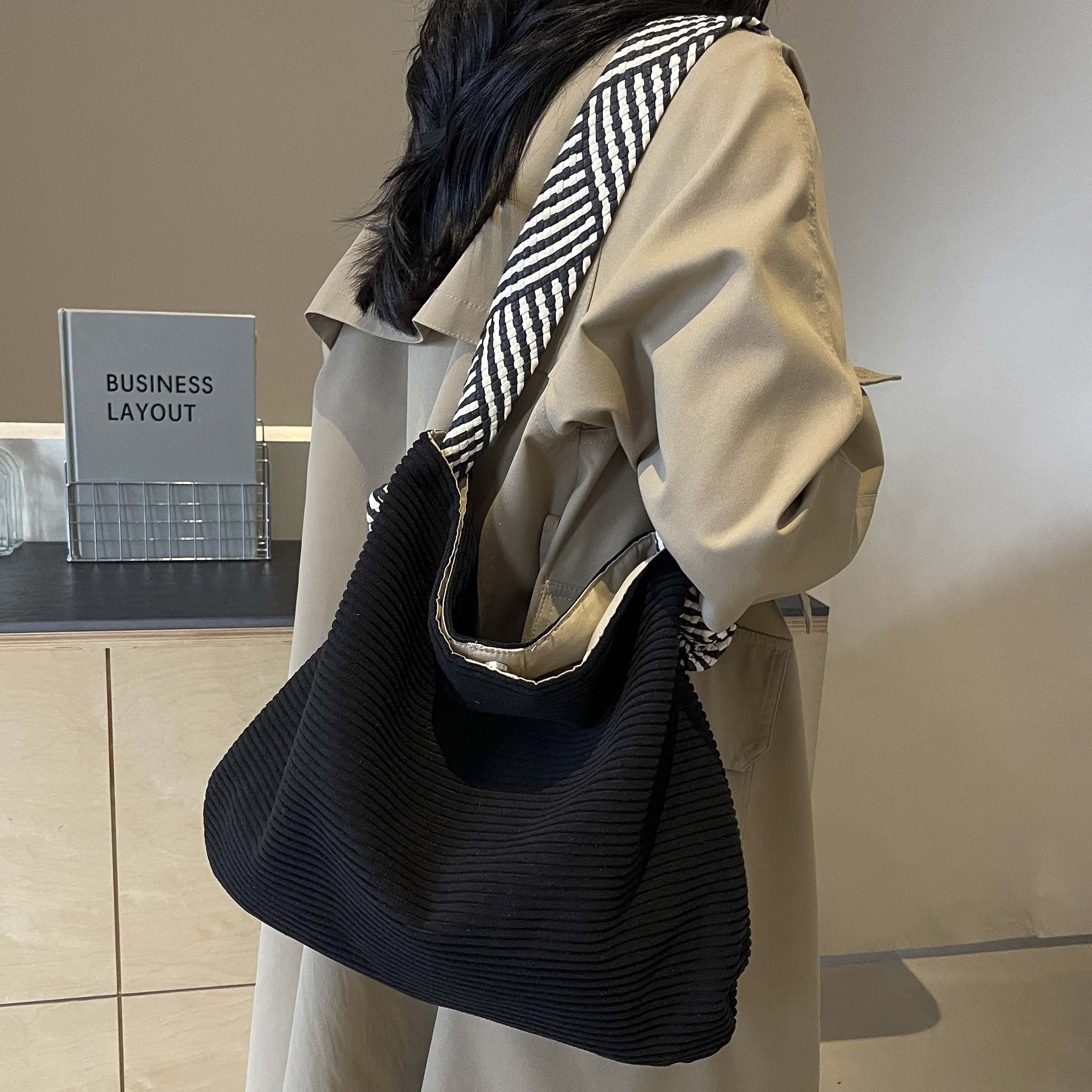 Corduroy Velvet Handbag with Wide Strap Casual Women Shoulder Bag – view 8
