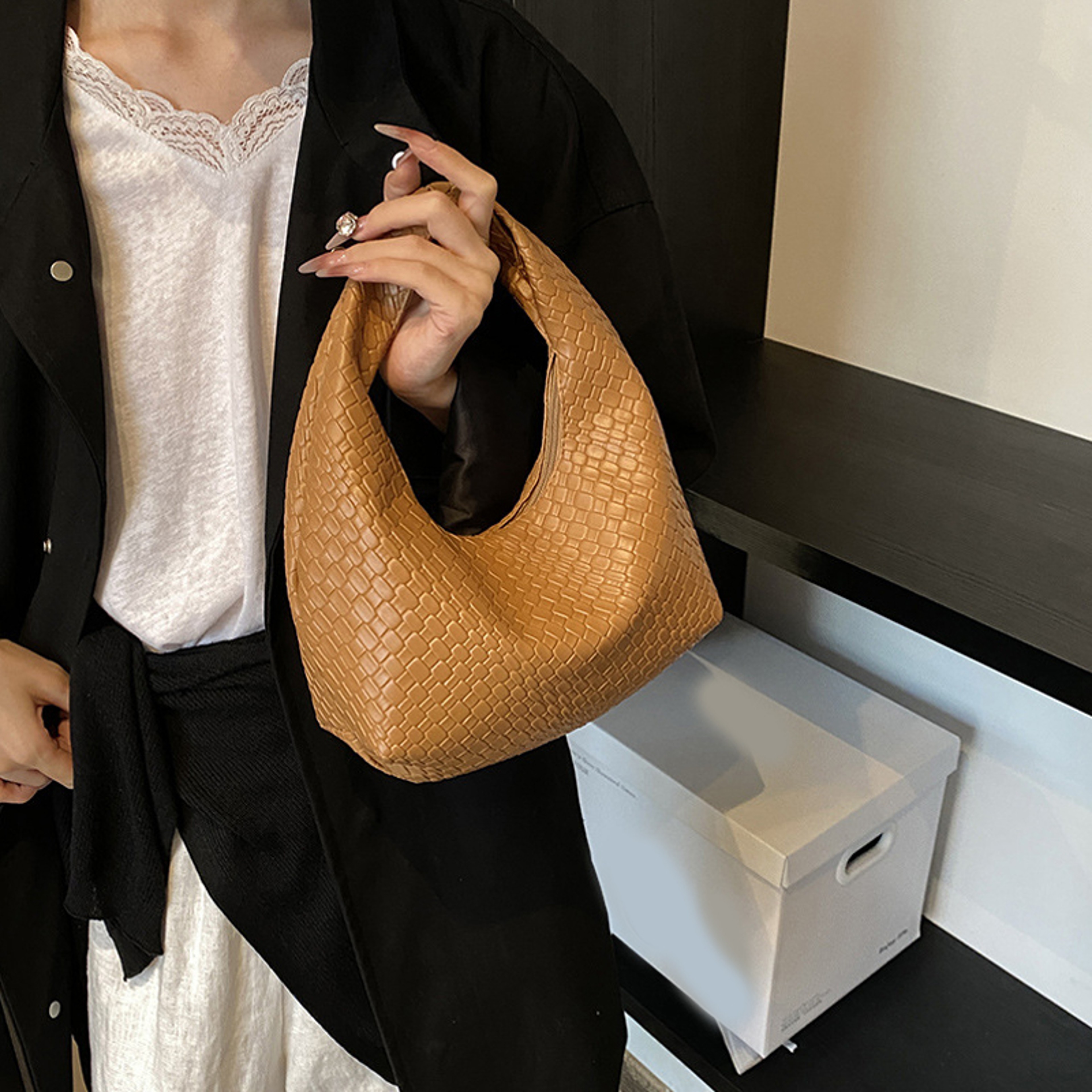 Elegant Woven PU Leather Hobo Bag Small Top Handle Shoulder Handbag For Women 5