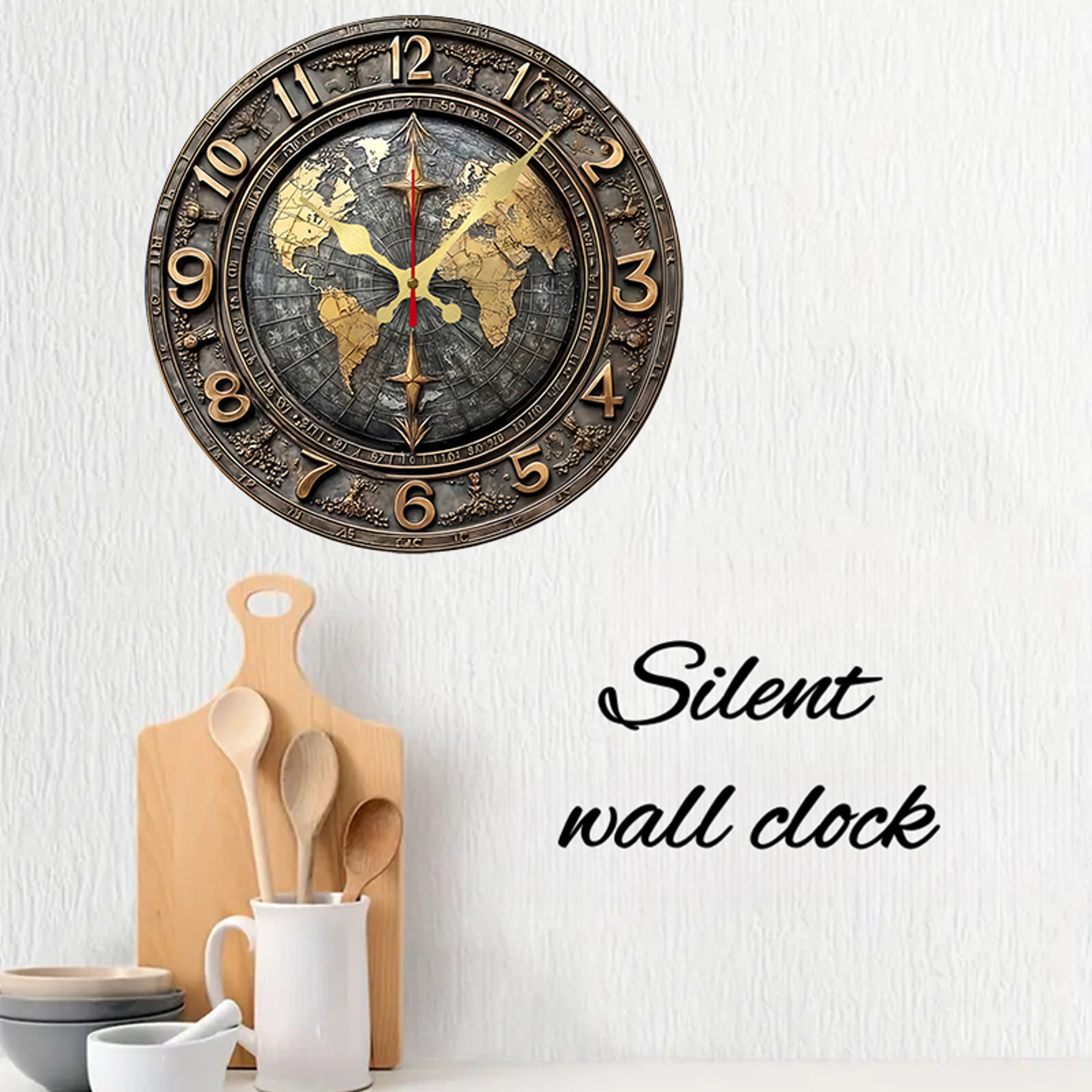 Vintage World Map Wooden Wall Clock Silent Decorative Round Home Decor 2