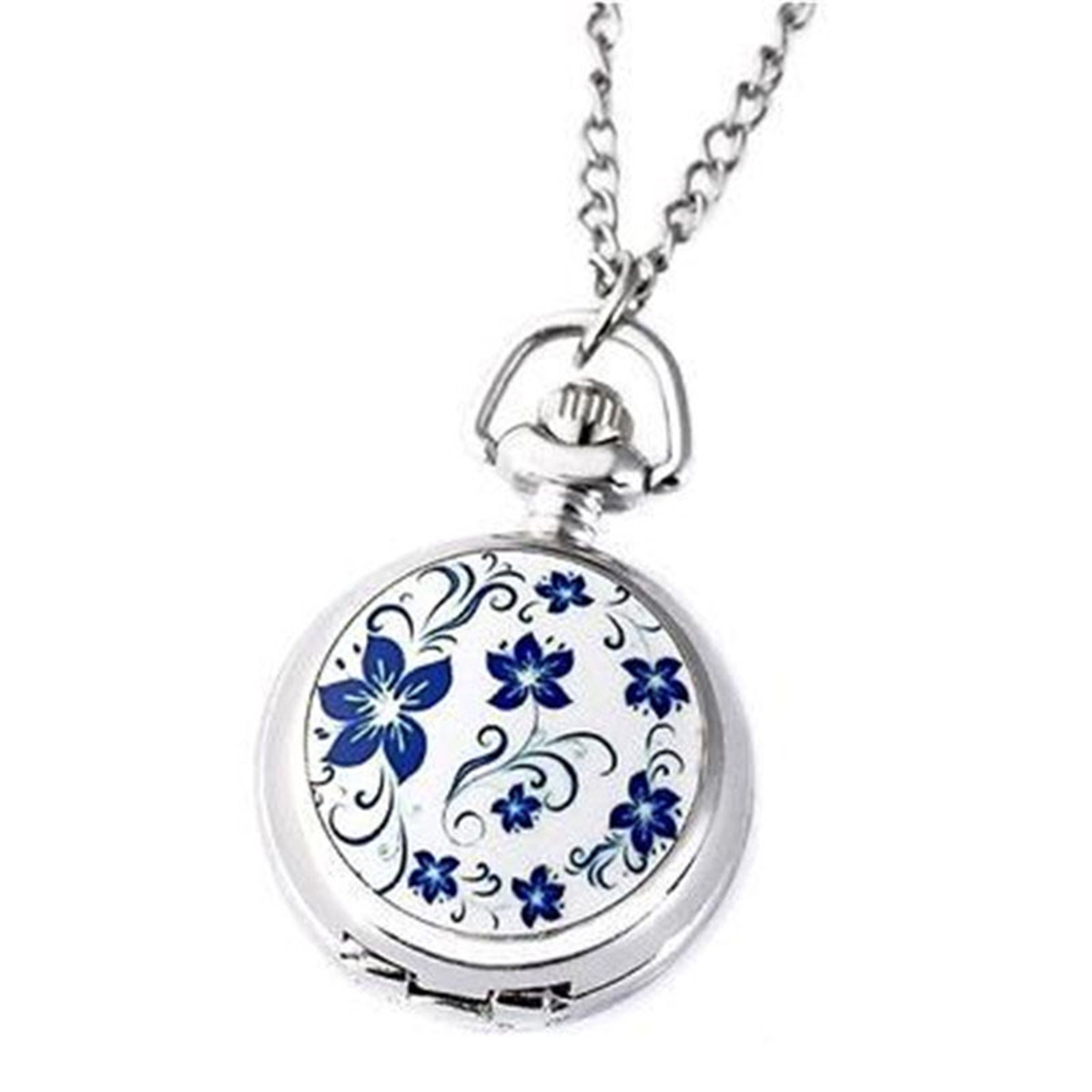 Vintage Lotus Blue Flower Pocket Watch Necklace For Women And Men Quartz Antique Silver Timepiece 1