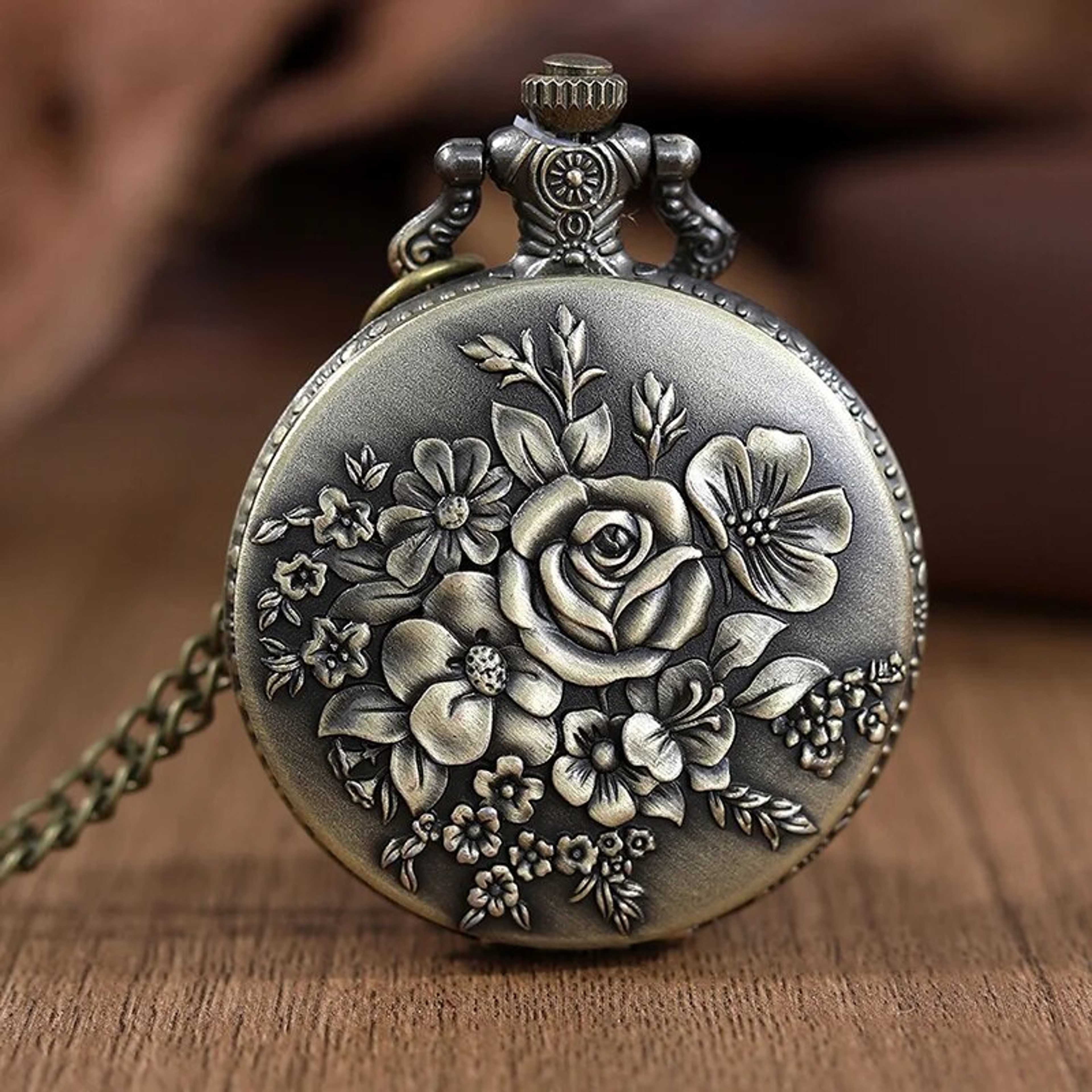 Vintage Roman Numeral Pocket Watch Necklace With Hollow Carved Case Quartz Timepiece 0