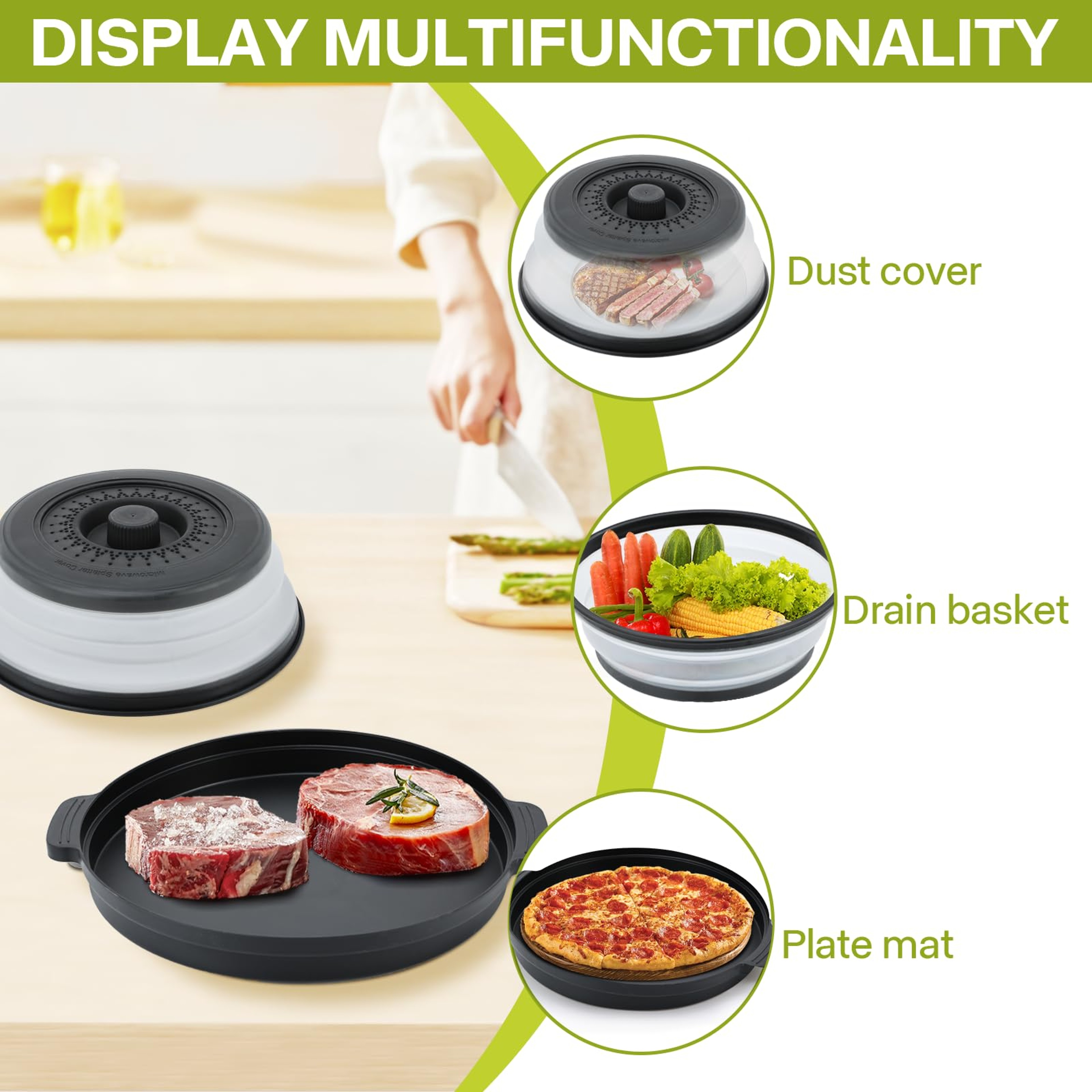 Collapsible Microwave Splatter Cover with Steaming Tray & Food Strainer Lid – view 4