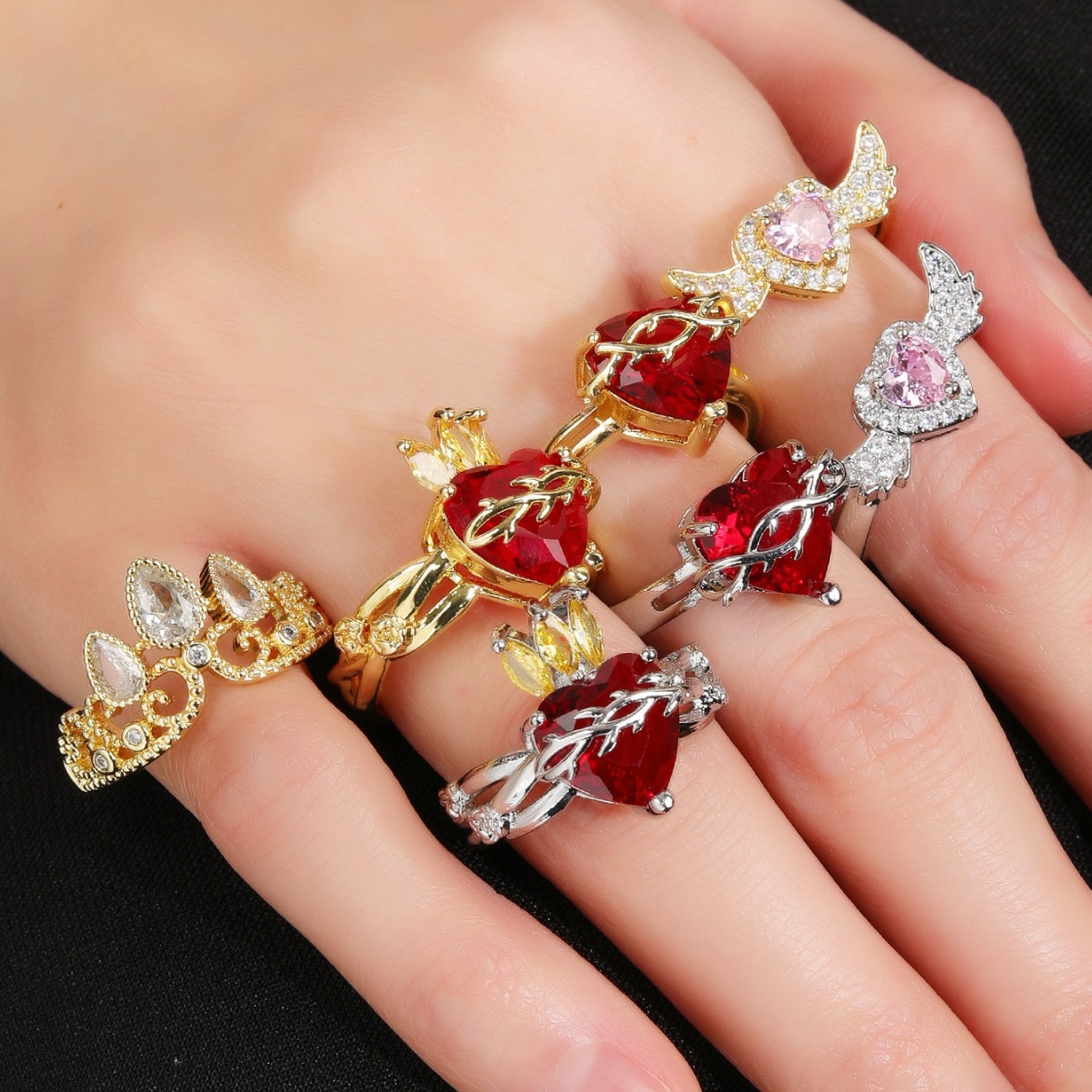 Angel Wings Sacred Heart Ring with Red Cubic Zirconia Gold Plated Jewelry – view 2