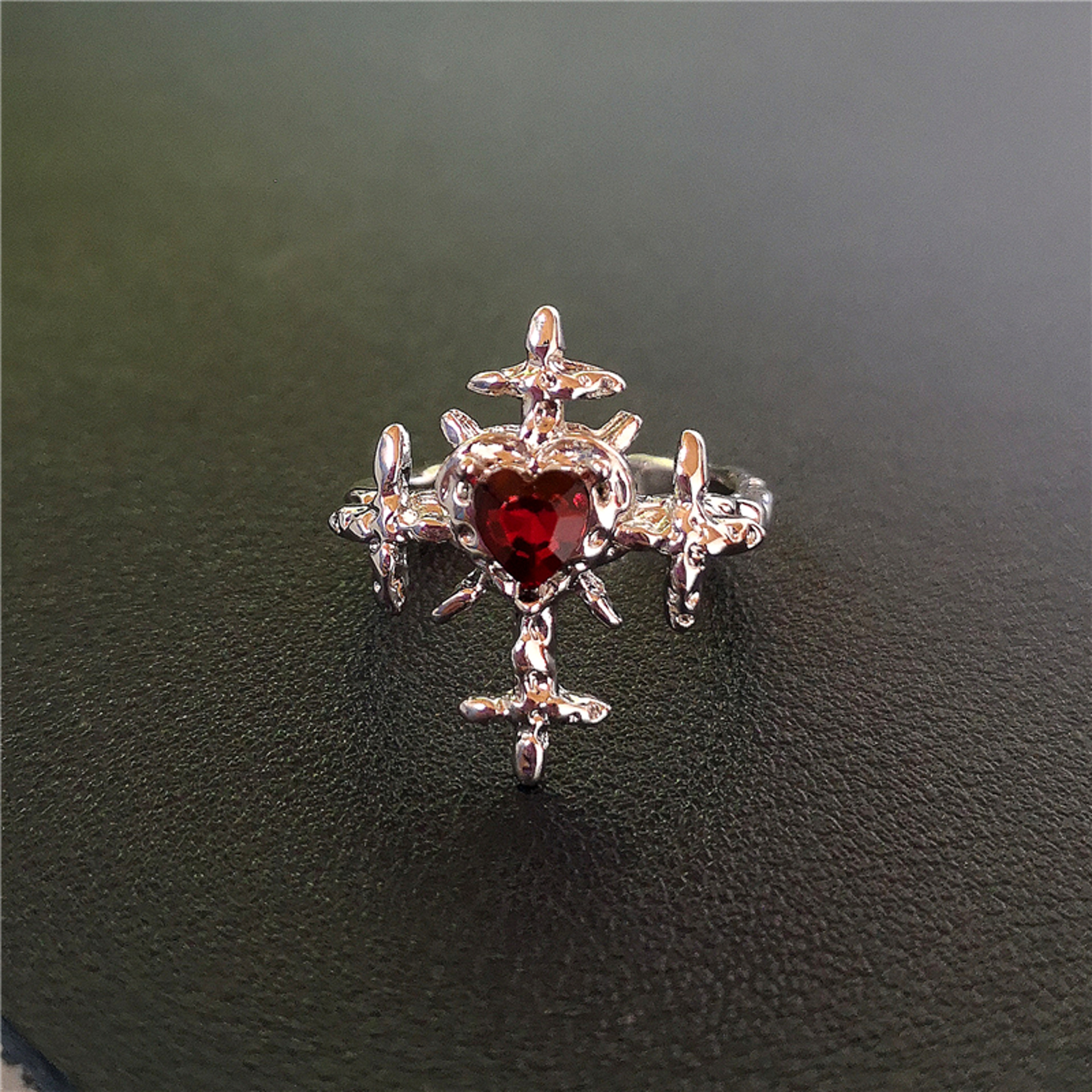 Crimson Heart Cross Open Ring – Gothic Ring for Punk Grunge & Emo Style – view 1