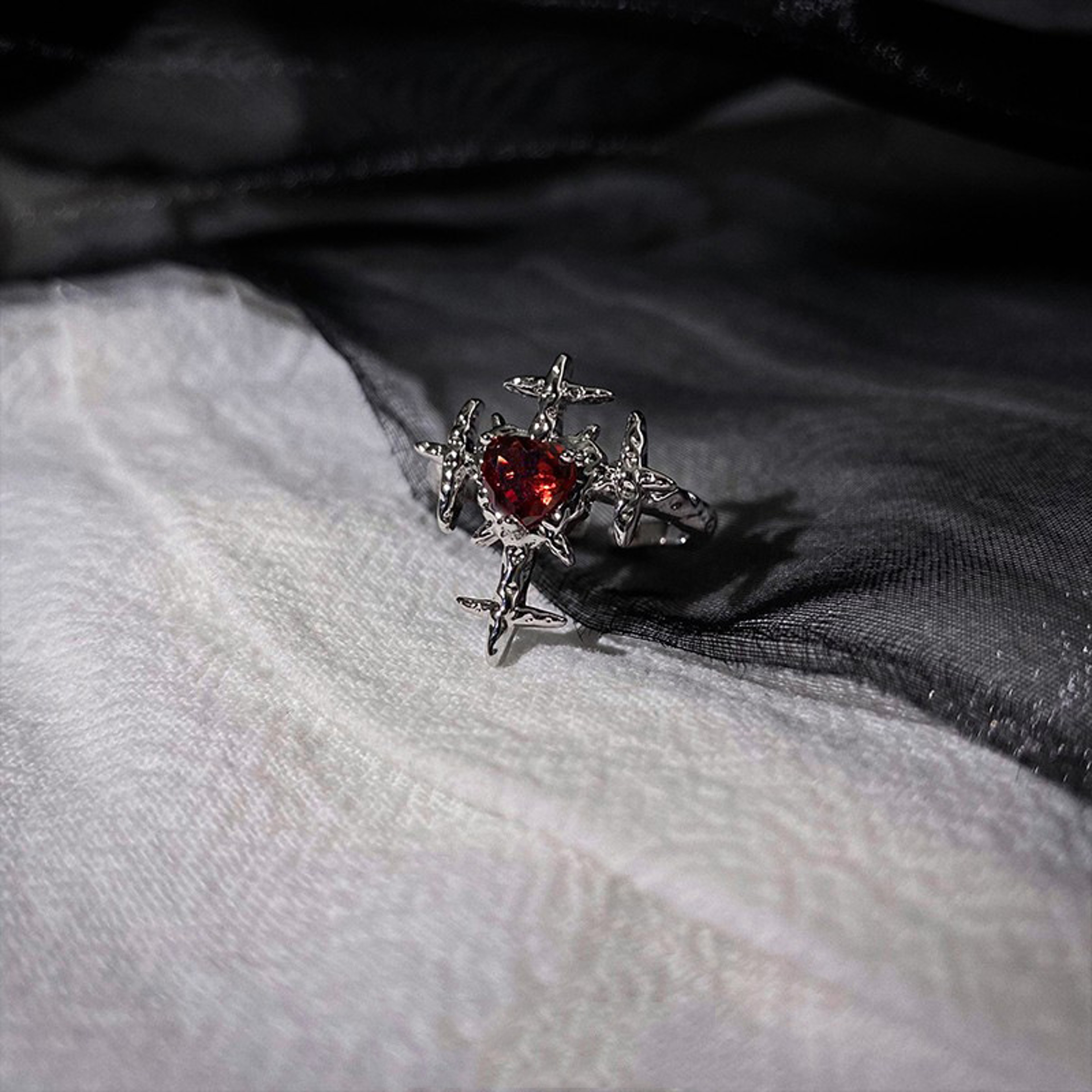 Crimson Heart Cross Open Ring – Gothic Ring for Punk Grunge & Emo Style – view 5