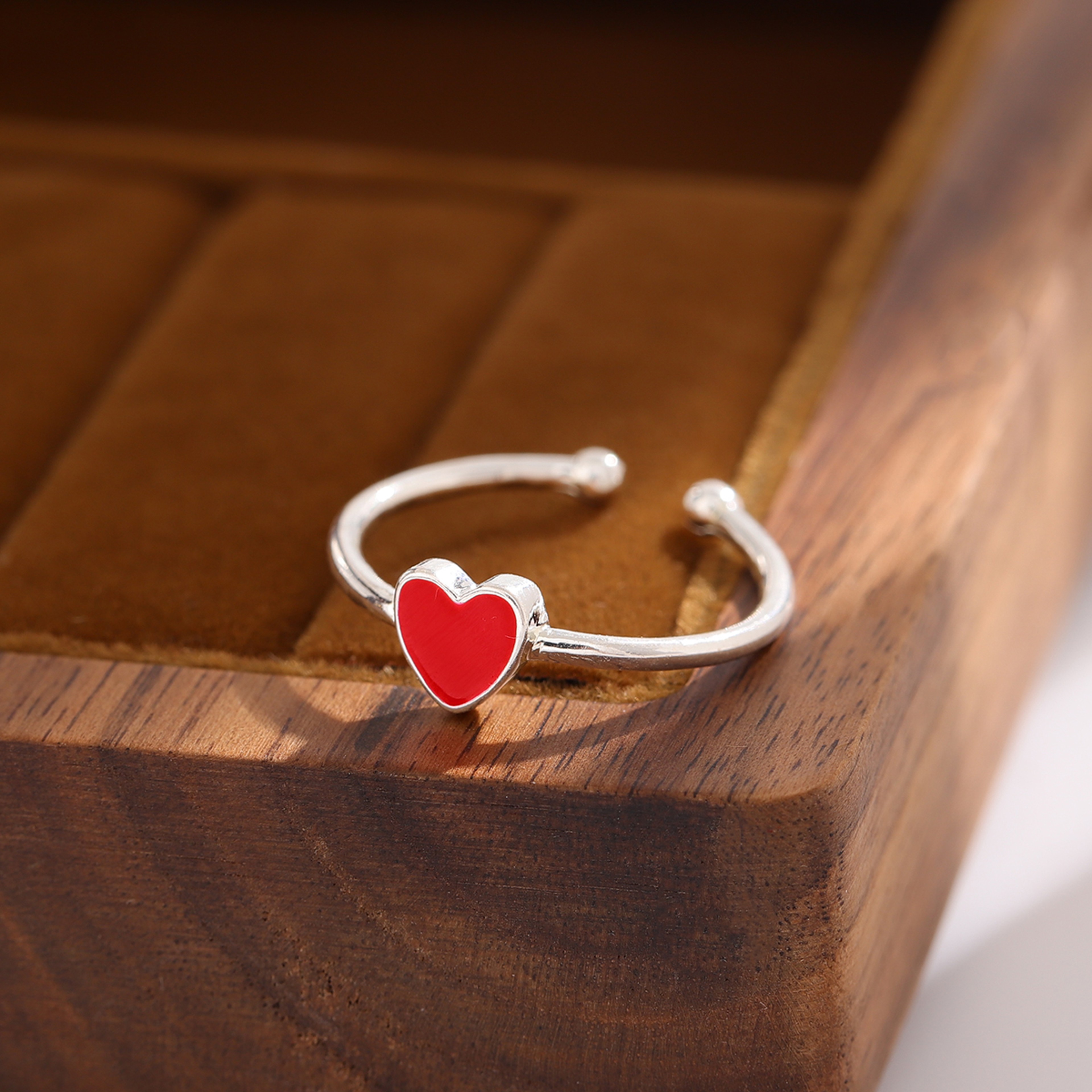 Sterling Silver Red Heart Ring Adjustable Peach Heart Enamel Ring for Women – view 2