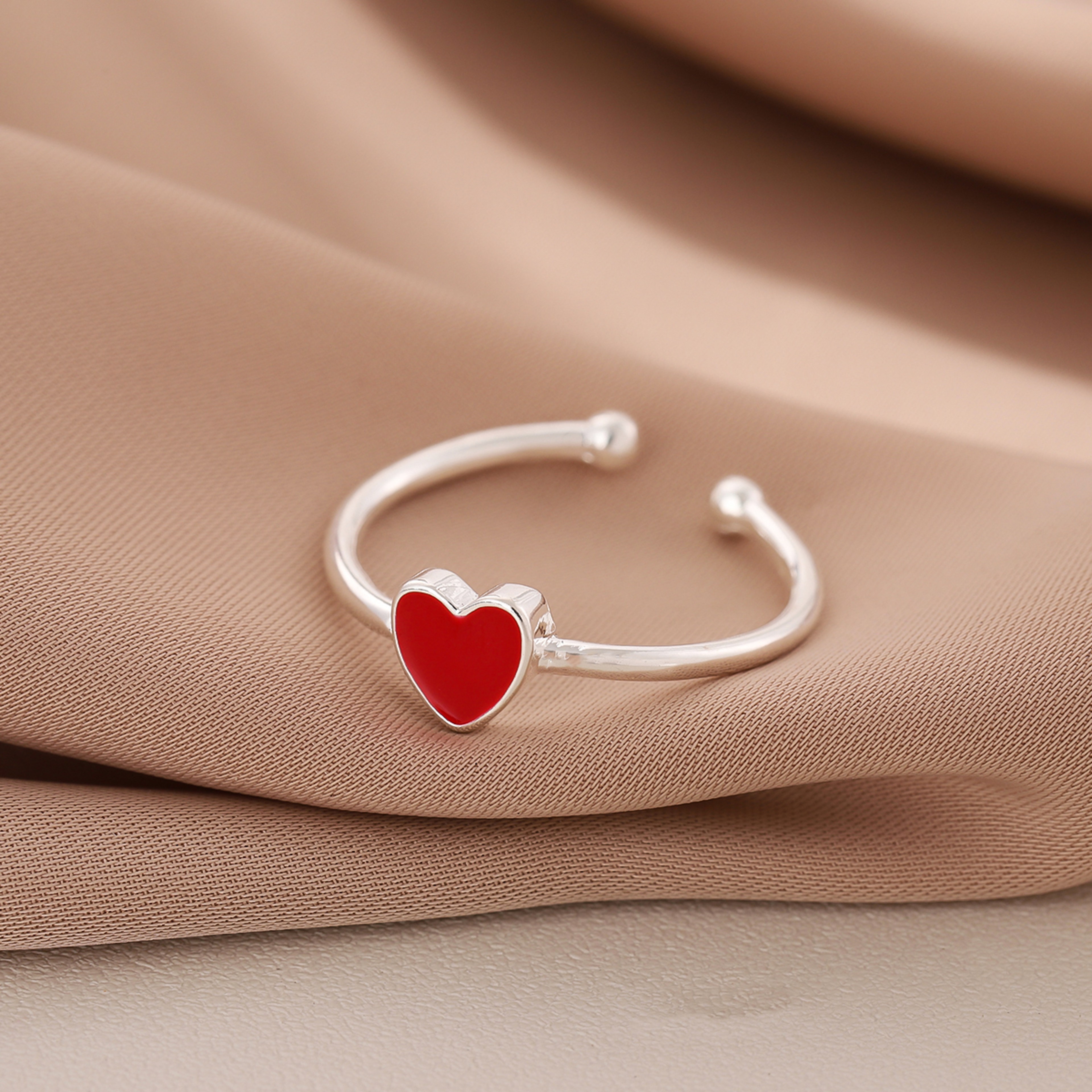 Sterling Silver Red Heart Ring Adjustable Peach Heart Enamel Ring for Women – view 3