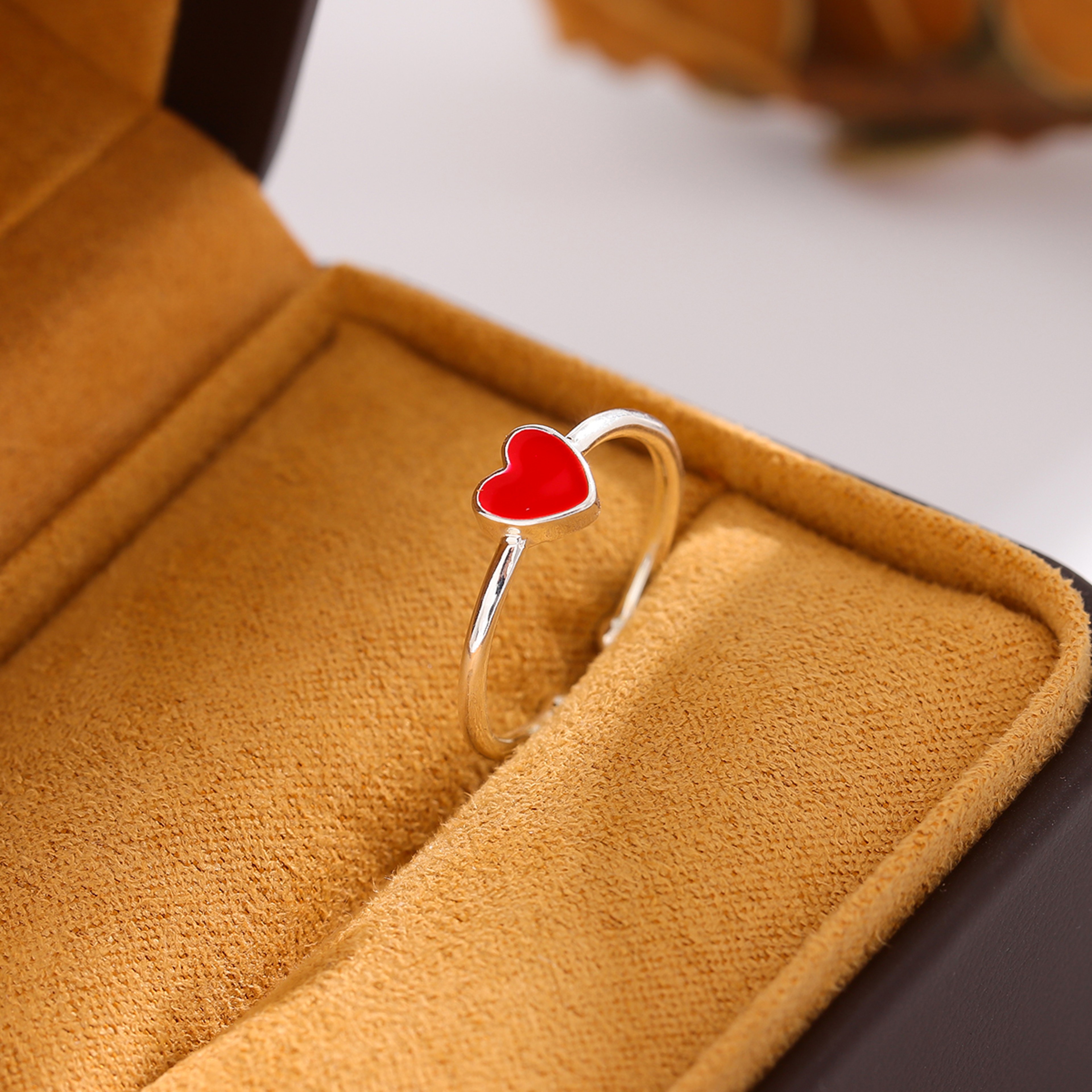 Sterling Silver Red Heart Ring Adjustable Peach Heart Enamel Ring for Women – view 5