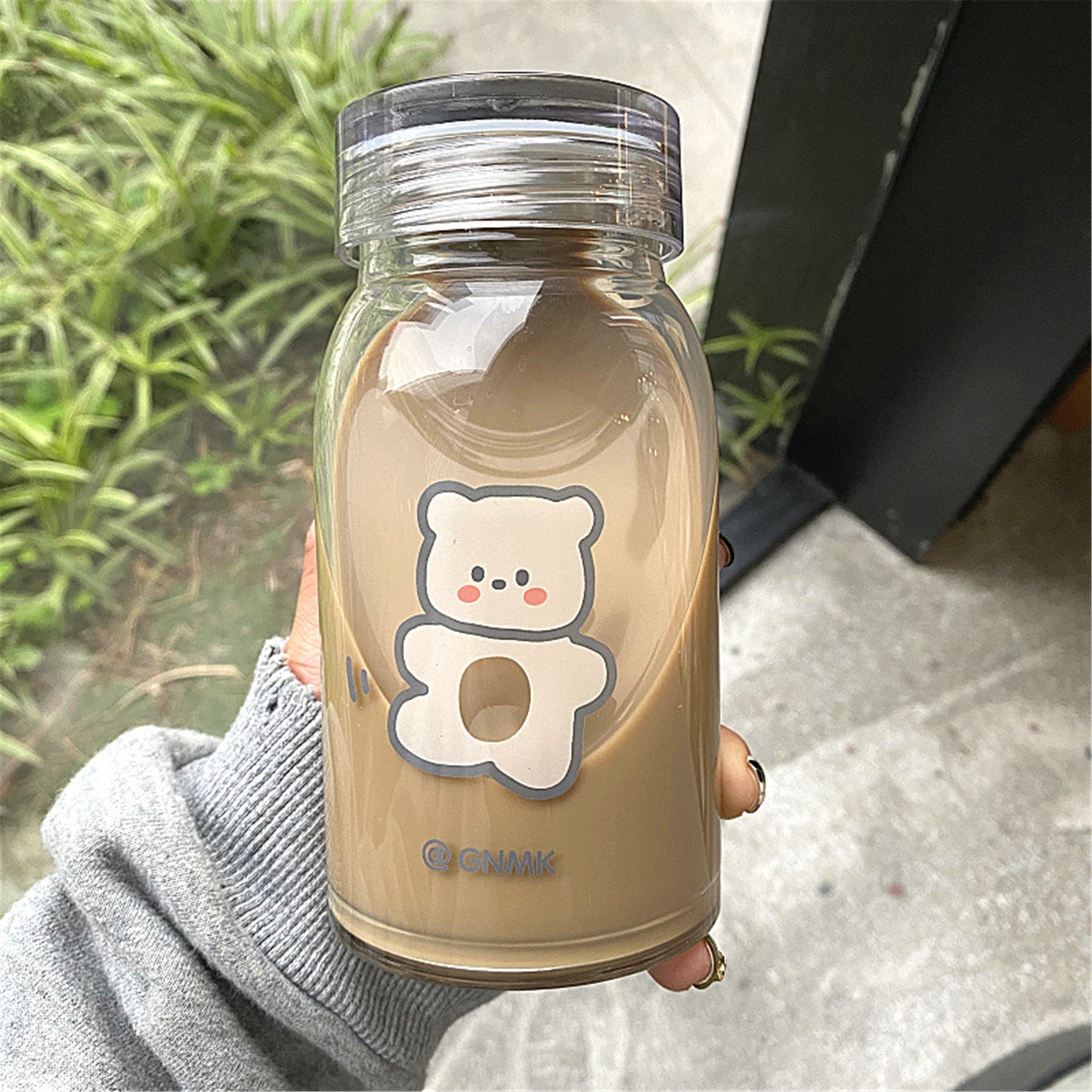 Cute Bear Glass Water Bottle Portable Cartoon Travel Cup With Lid 1