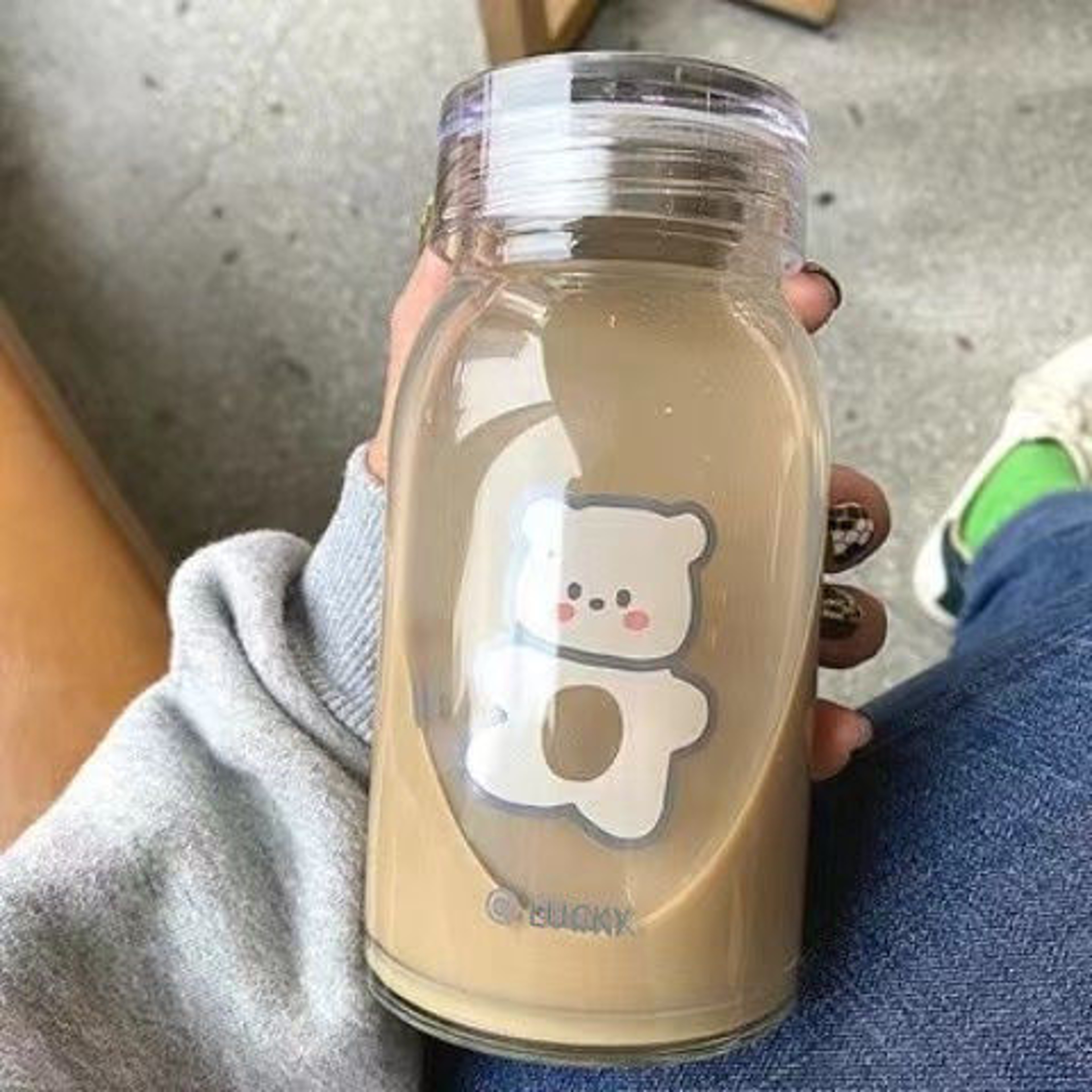 Cute Bear Glass Water Bottle Portable Cartoon Travel Cup with Lid – view 8