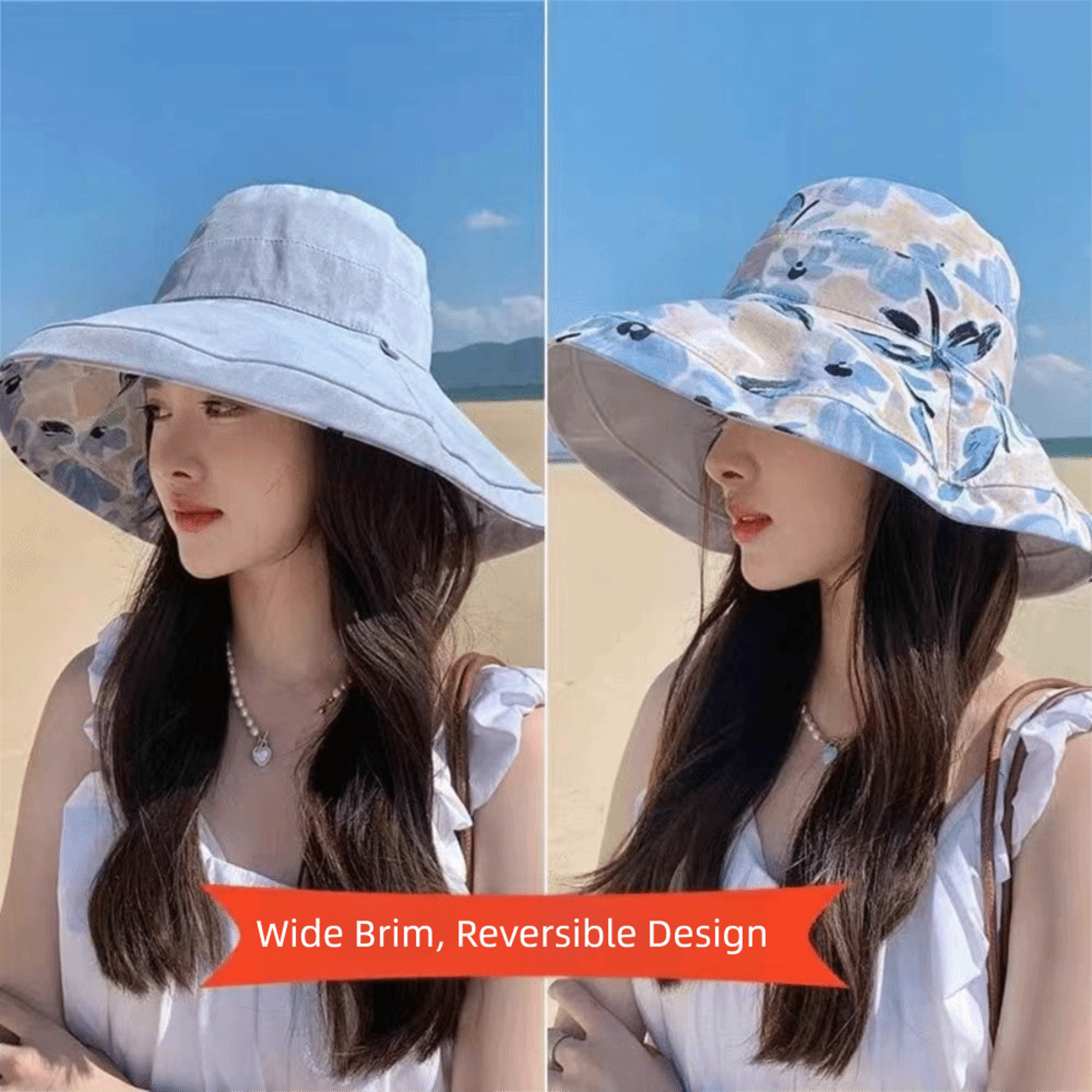 Reversible Wide Brim Sun Hat for Women with UV Protection and Windproof Beach Style – view 1