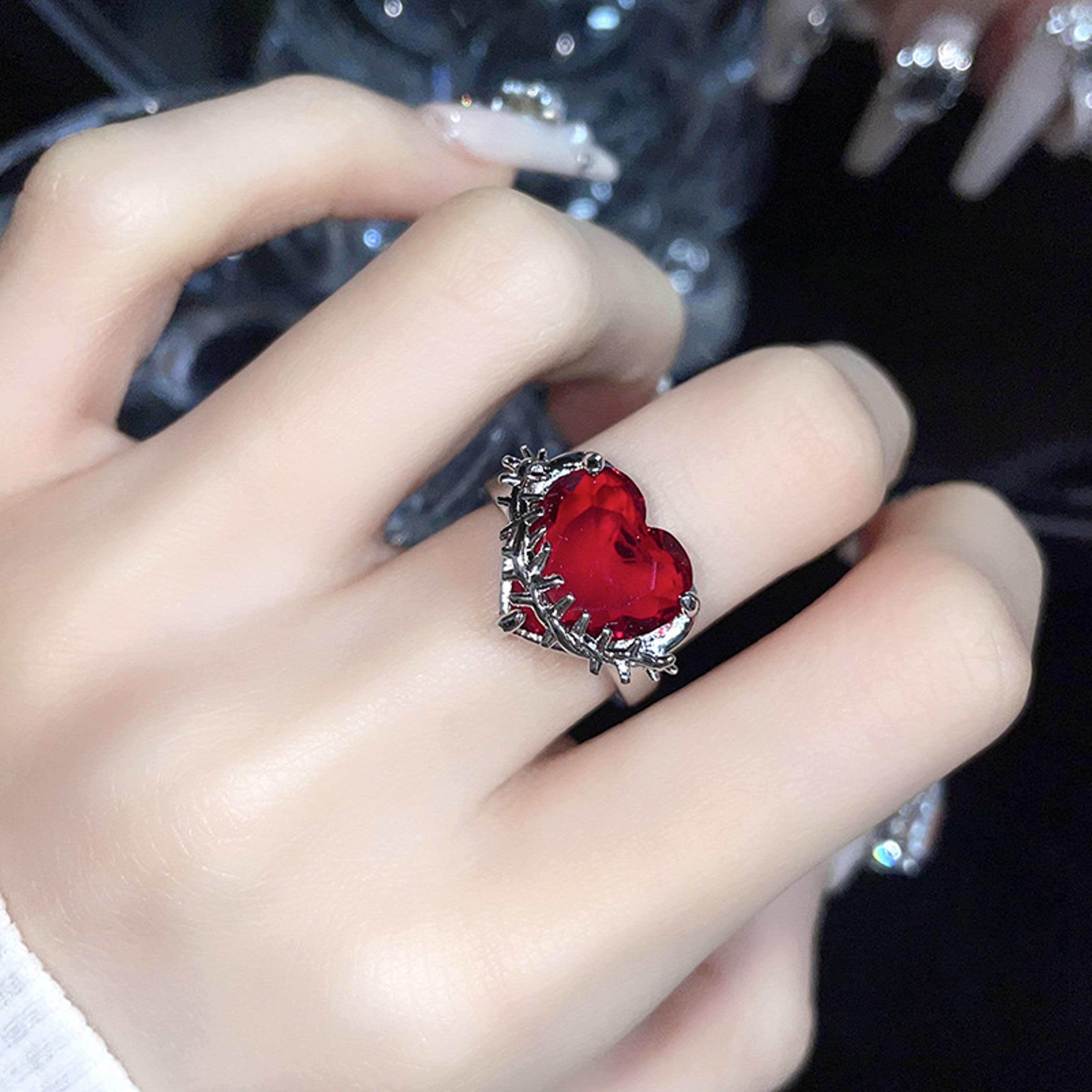 Vintage Red Crystal Heart Ring Adjustable Punk Jewelry for Women – view 1