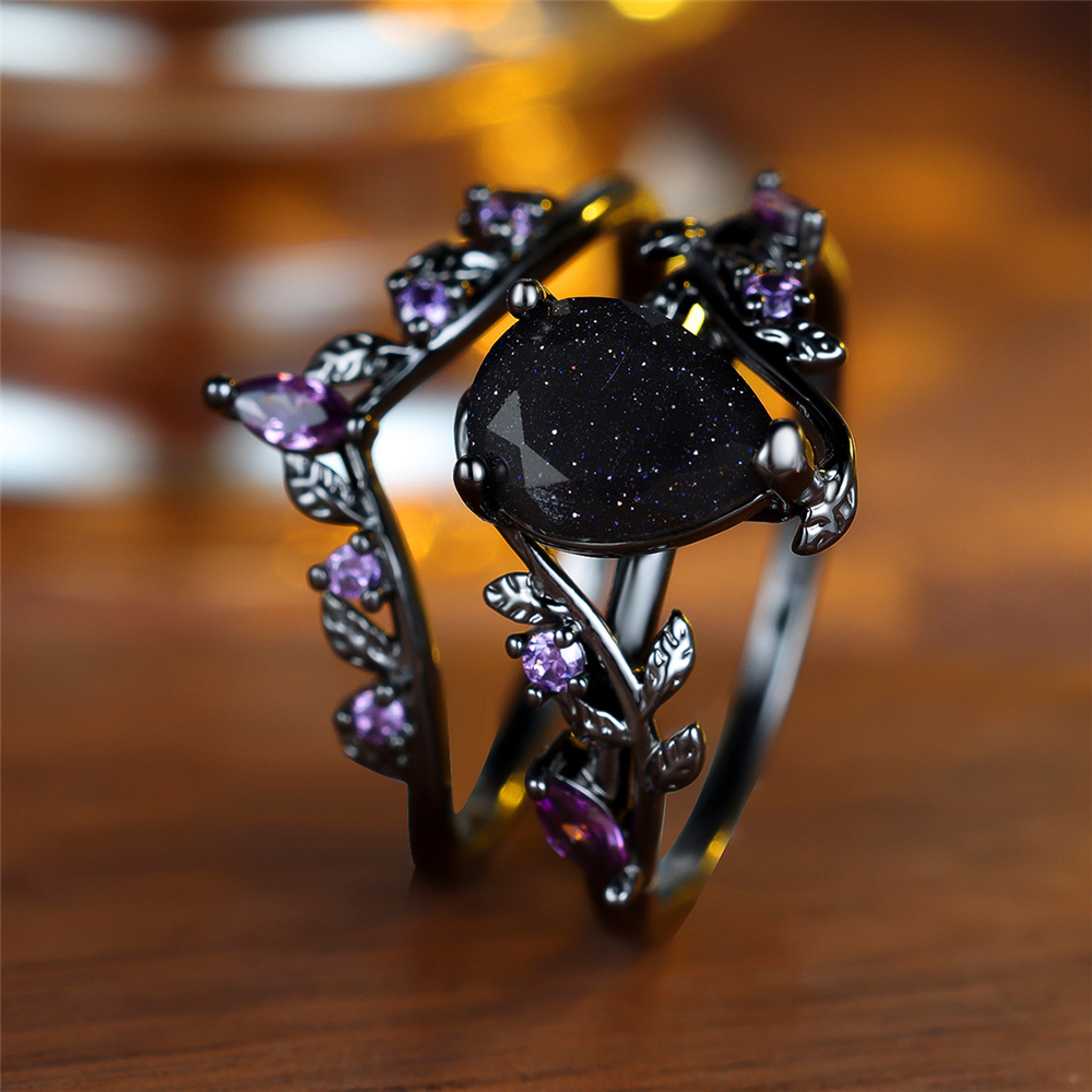 Vintage Black Gold Purple Zircon Engagement Ring Set for Women – view 4