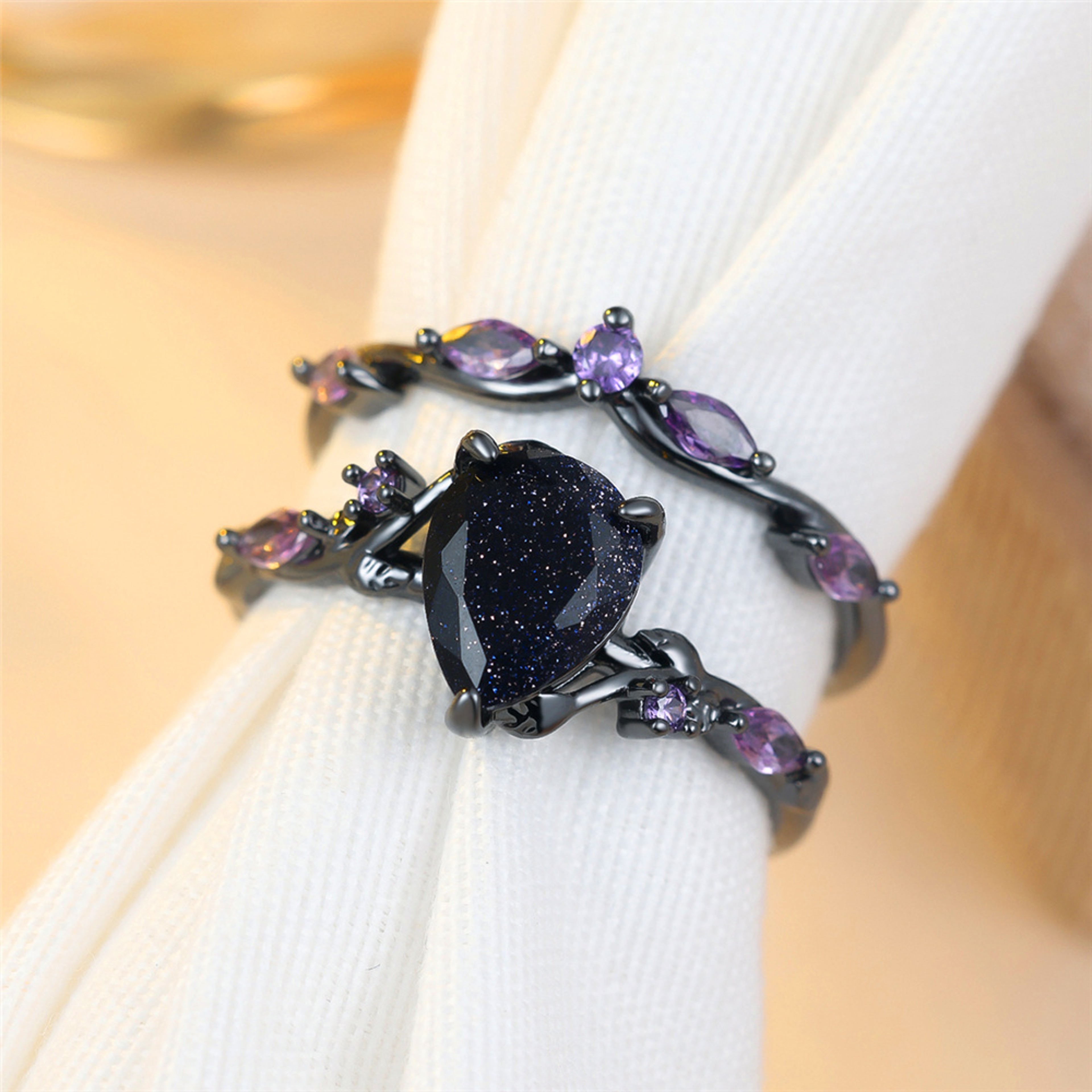 Vintage Black Gold Purple Zircon Engagement Ring Set for Women – view 6